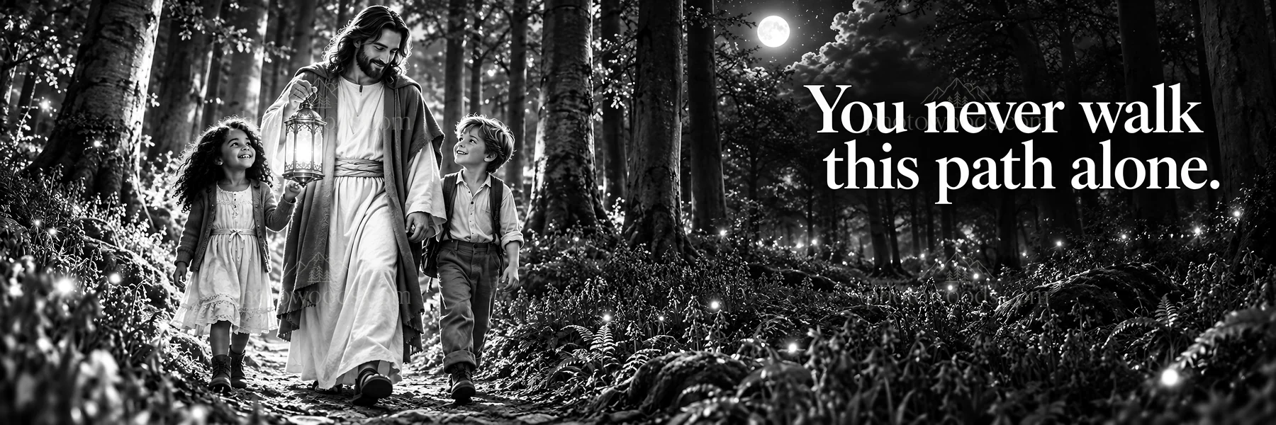 Jesus Christ walking with children in a forest path - AI-generated stock image