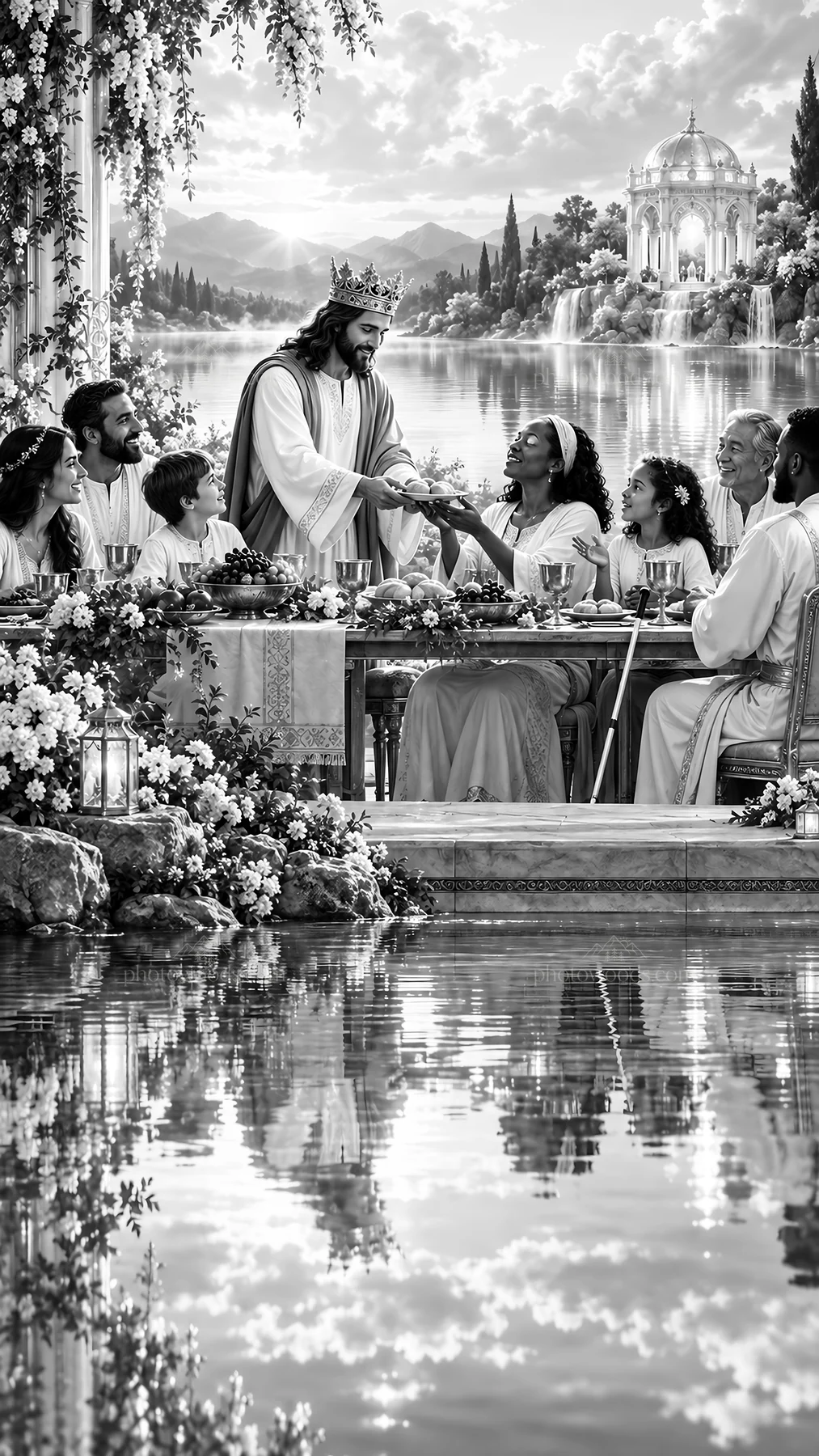 Jesus Christ sharing a meal with his followers - AI-generated stock image