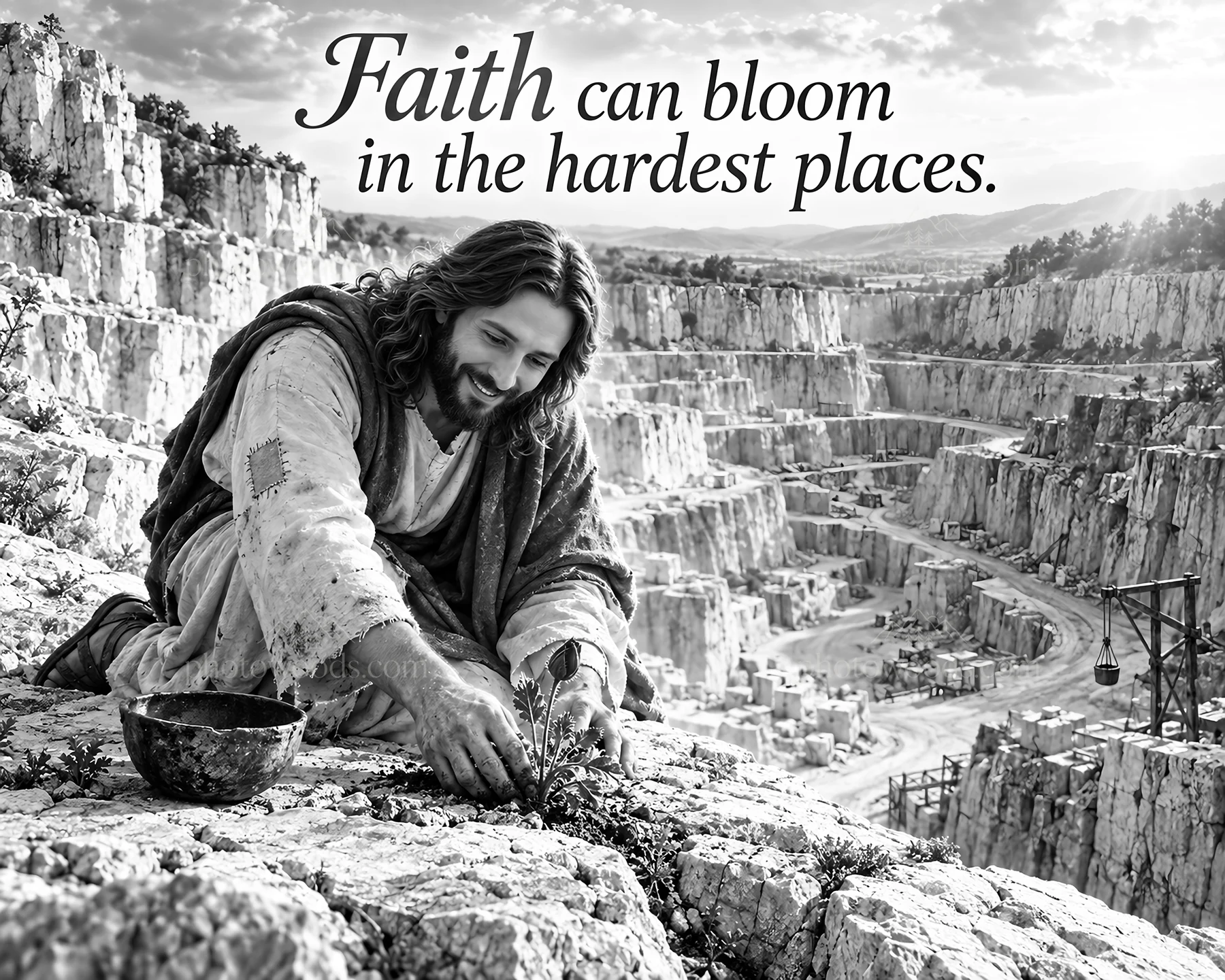 Jesus Christ nurturing faith in a challenging landscape - AI-generated stock image