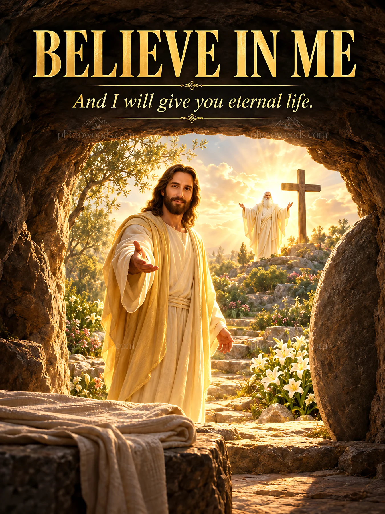 Jesus Christ inviting believers to eternal life - AI-generated stock image