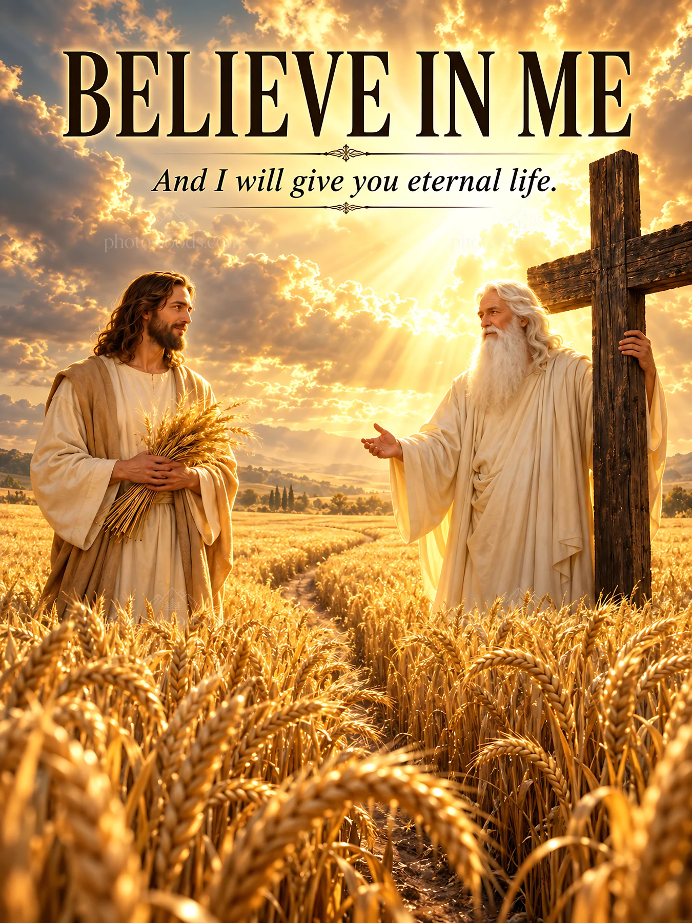 Jesus Christ speaking to God in a wheat field - AI-generated stock image