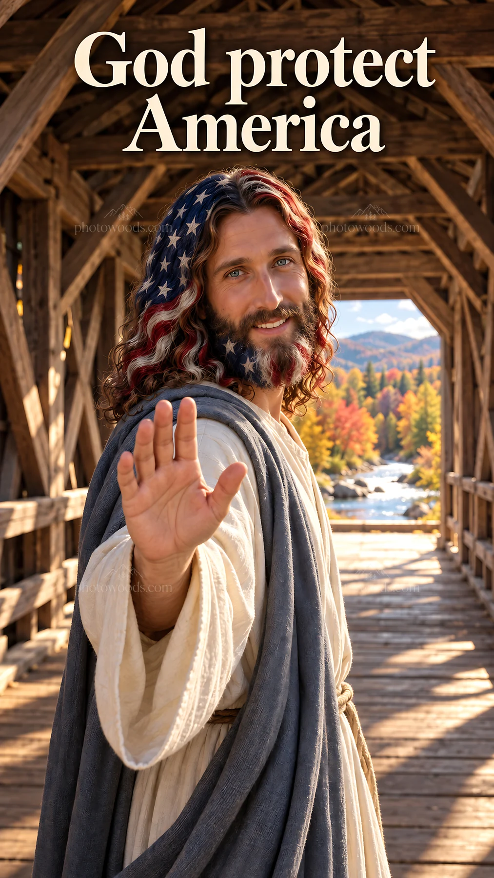 Jesus Christ blessing America on a wooden bridge - AI-generated stock image