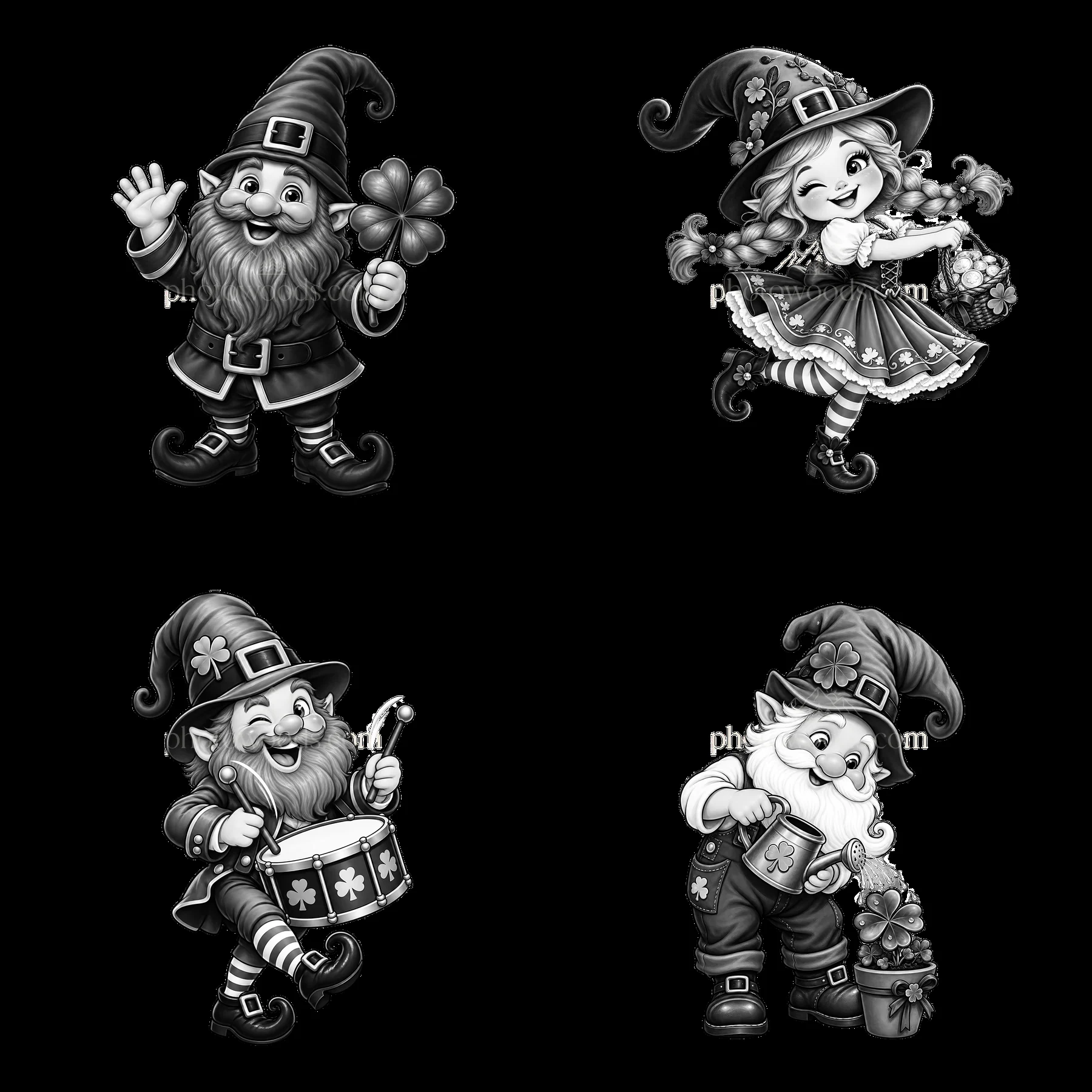 St. Patrick's Day gnomes with clover, flowers, and drum - AI-generated stock image