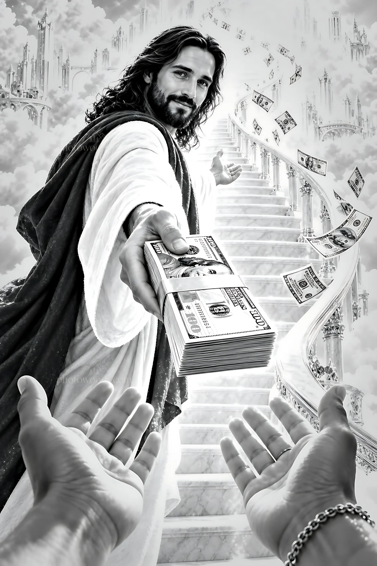 Celestial staircase with figure offering money - AI-generated stock image