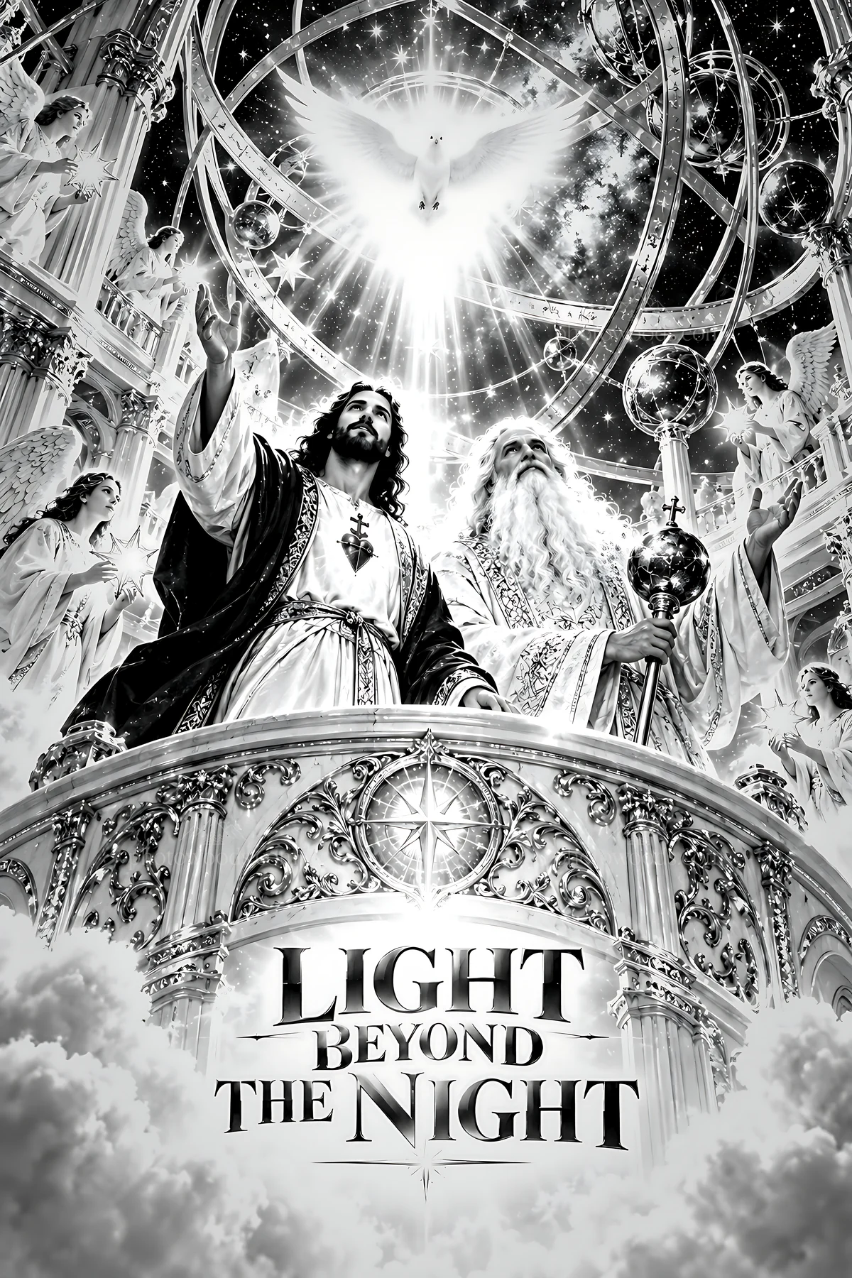 Light from above in a cosmic scene with figures and symbols - AI-generated stock image