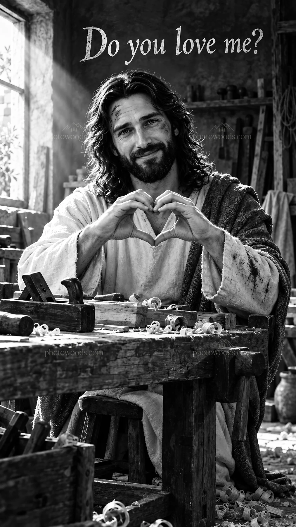 Jesus Christ asking, Do you love me? in a workshop - AI-generated stock image