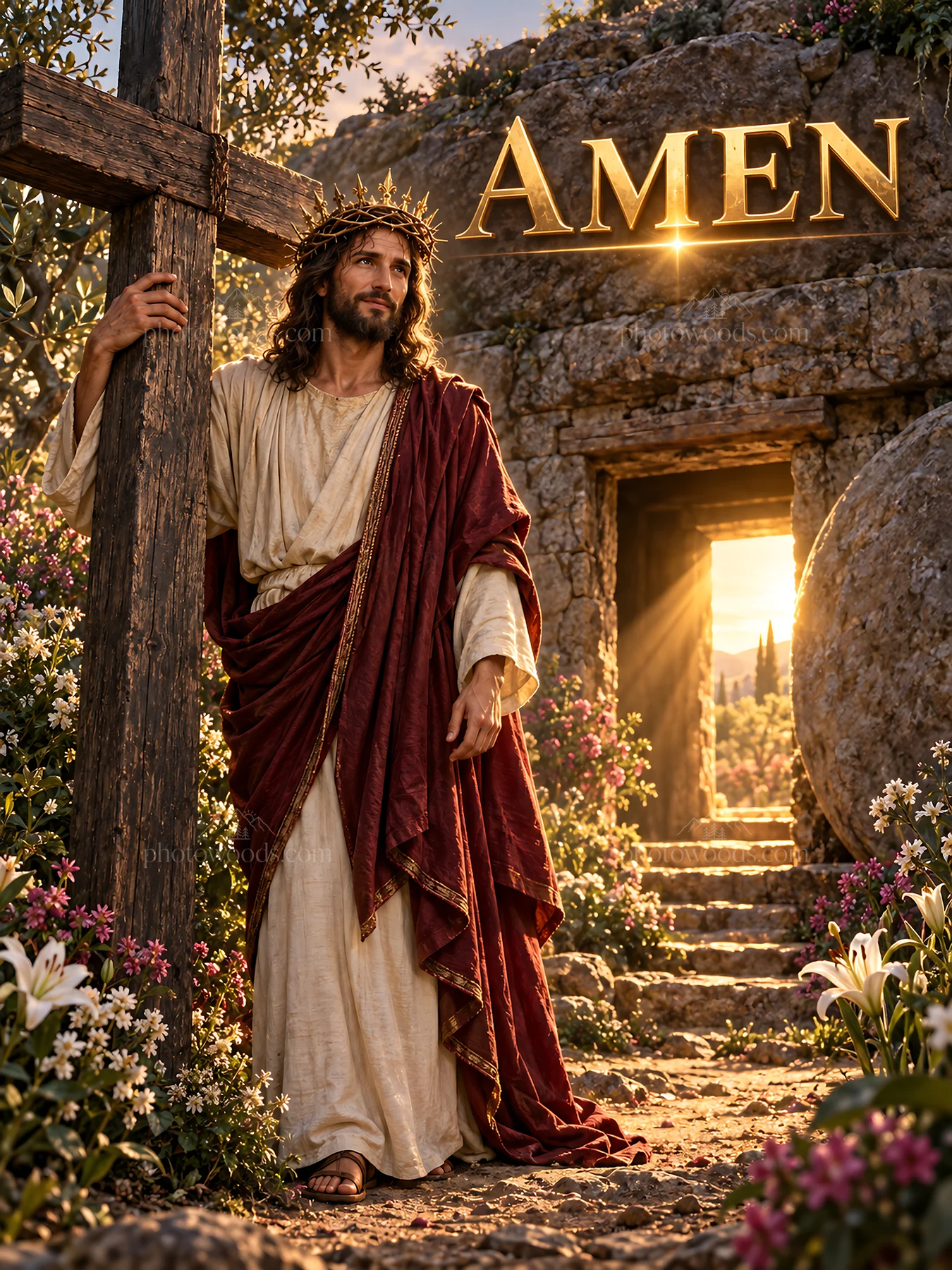 Jesus Christ standing by a cross at a stone entrance - AI-generated stock image