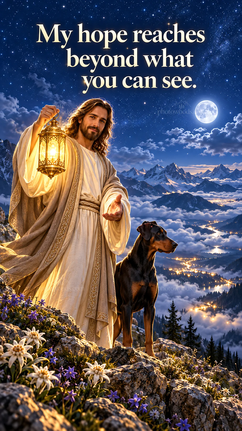 Jesus Christ sharing hope with a lantern and a dog in nature - AI-generated stock image