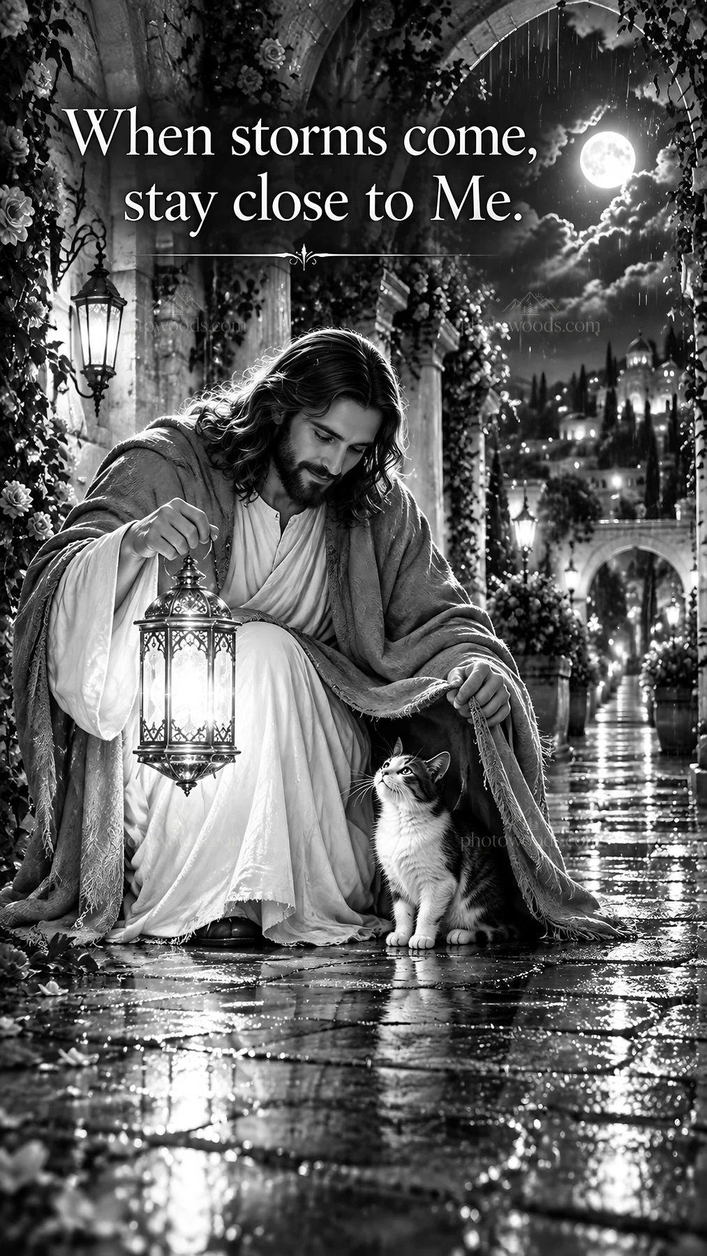 Jesus Christ comforting and guiding in a garden at night - AI-generated stock image