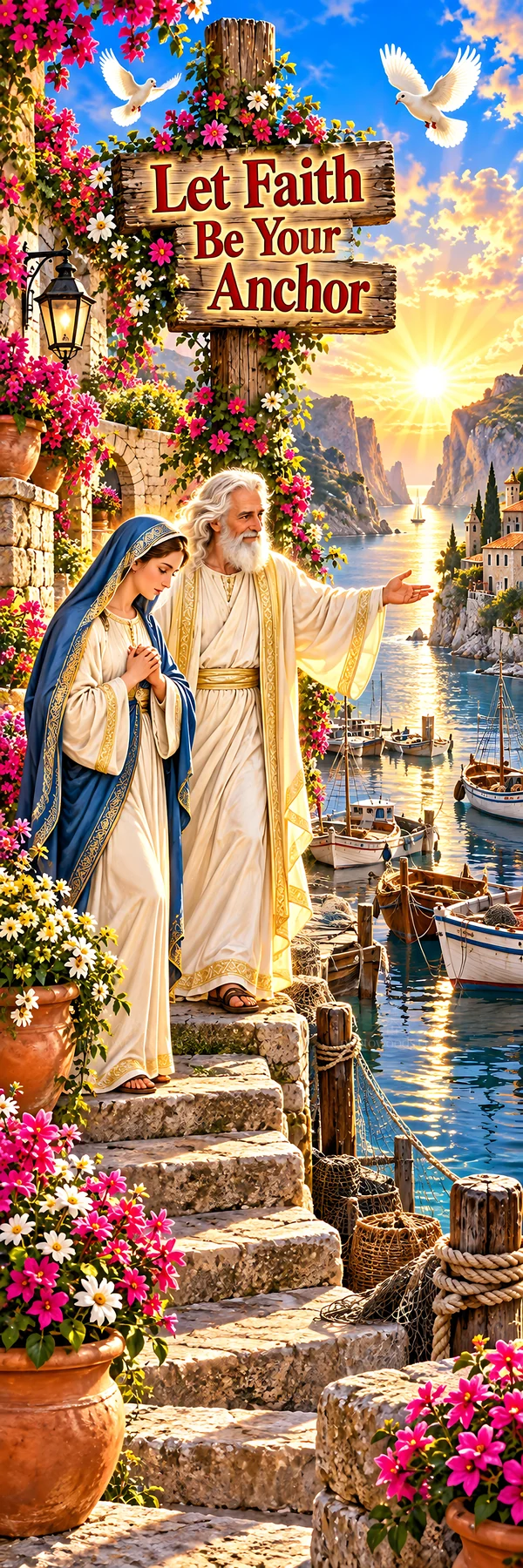 Jesus Christ guiding Mary by the water's edge in a serene setting - AI-generated stock image