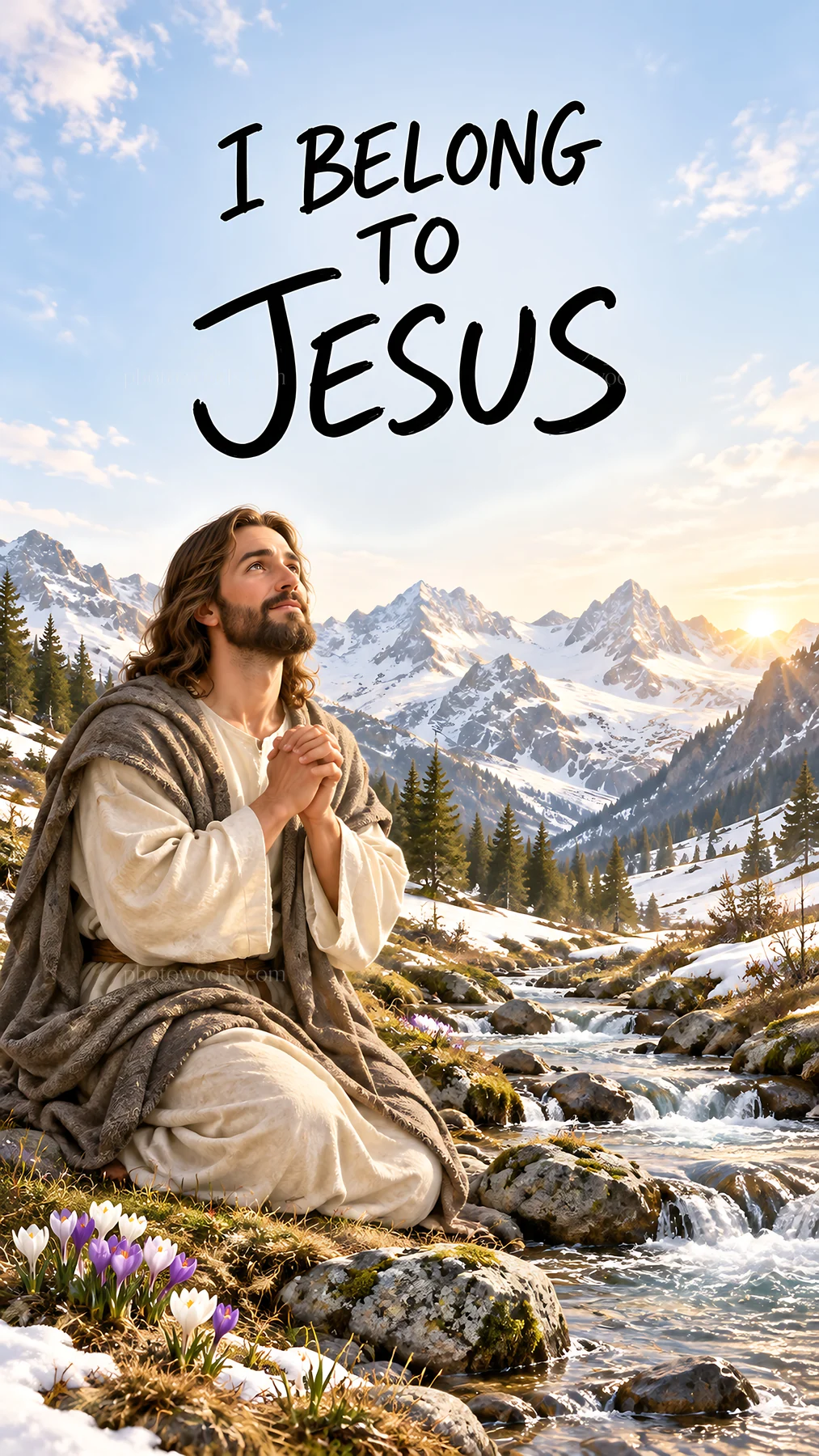 Jesus Christ praying by the river in a mountain setting - AI-generated stock image