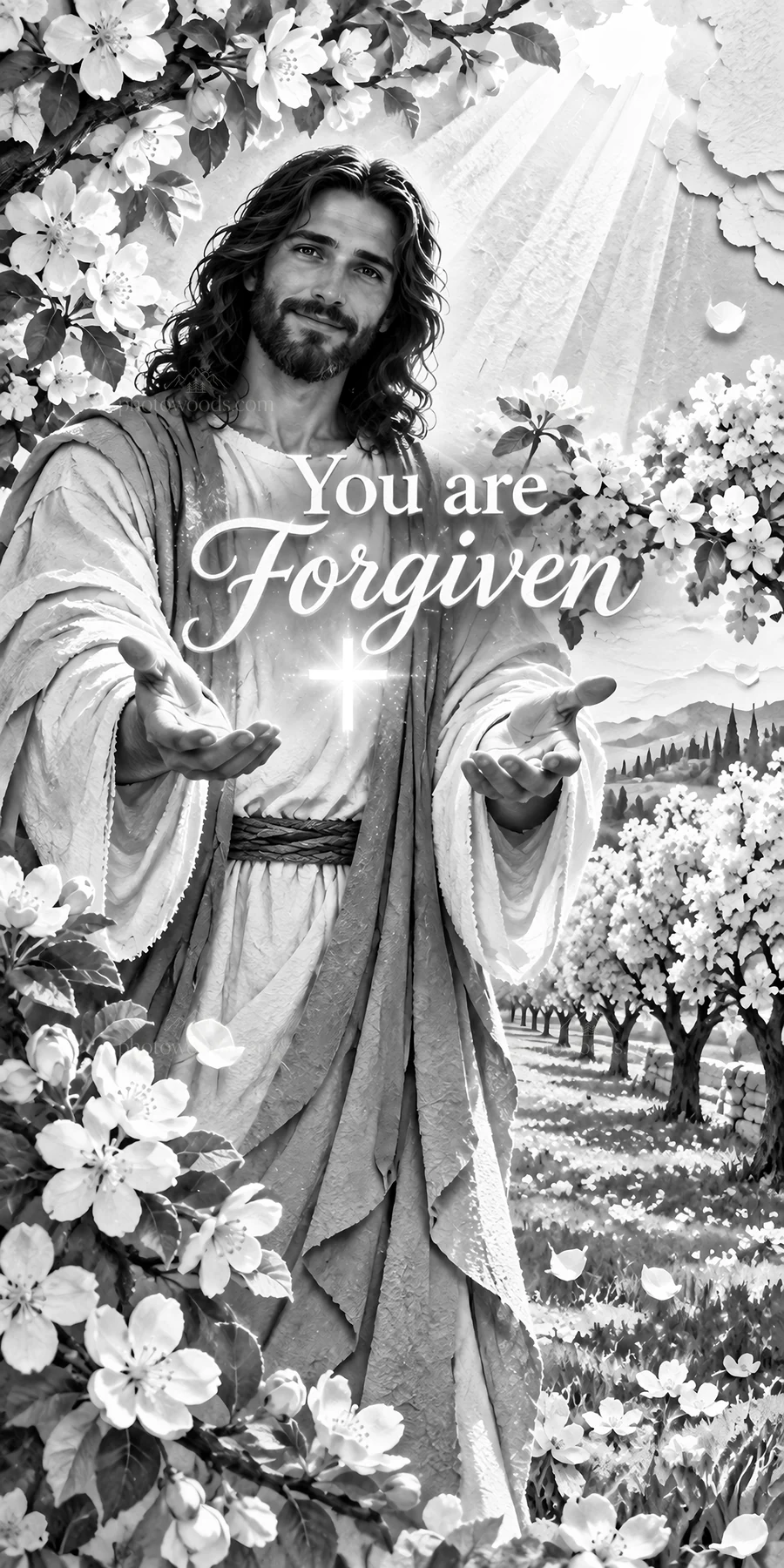 Jesus Christ welcomes with open arms in a garden setting - AI-generated stock image