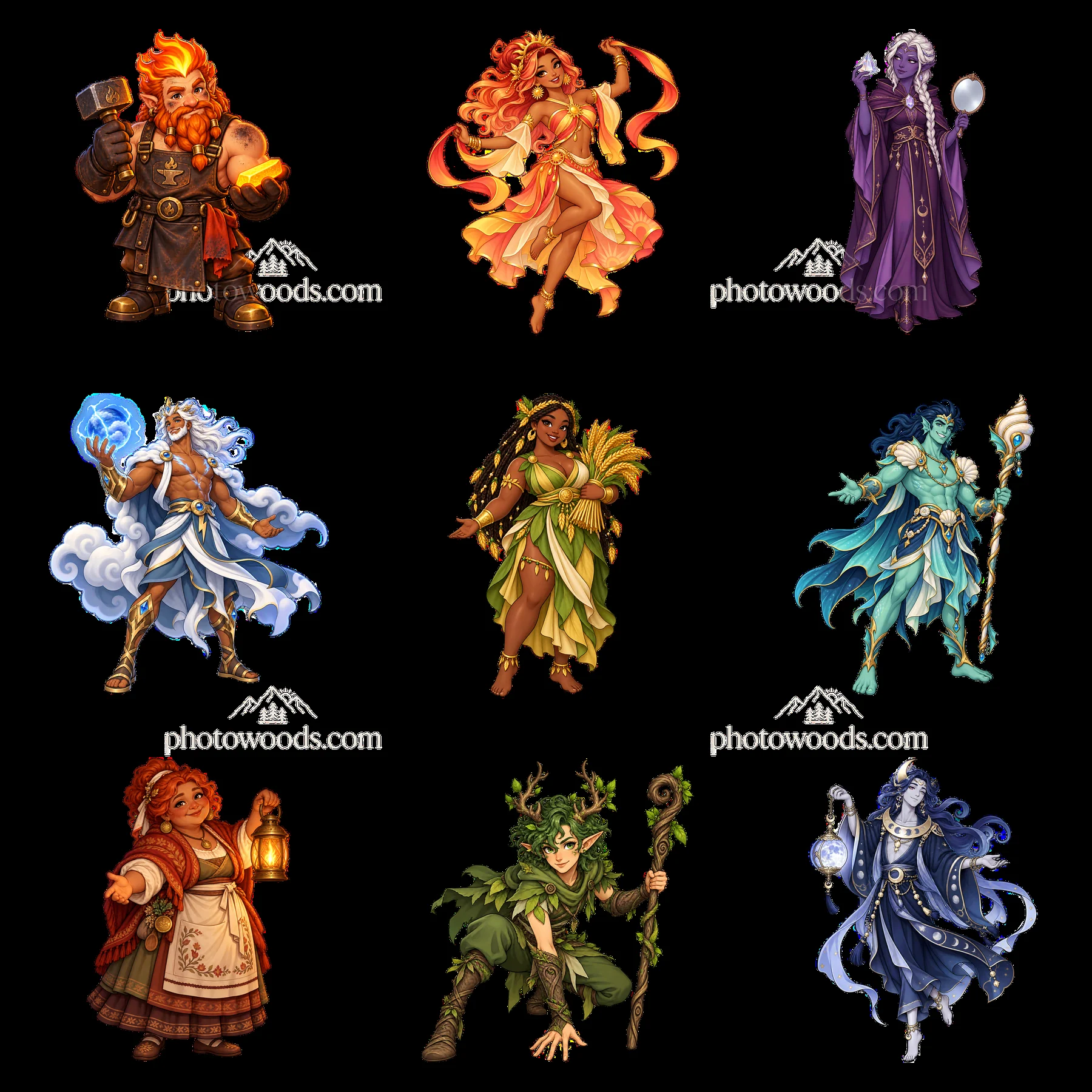 Colorful cartoon stickers of pagan gods in a 3x3 layout - AI-generated stock image