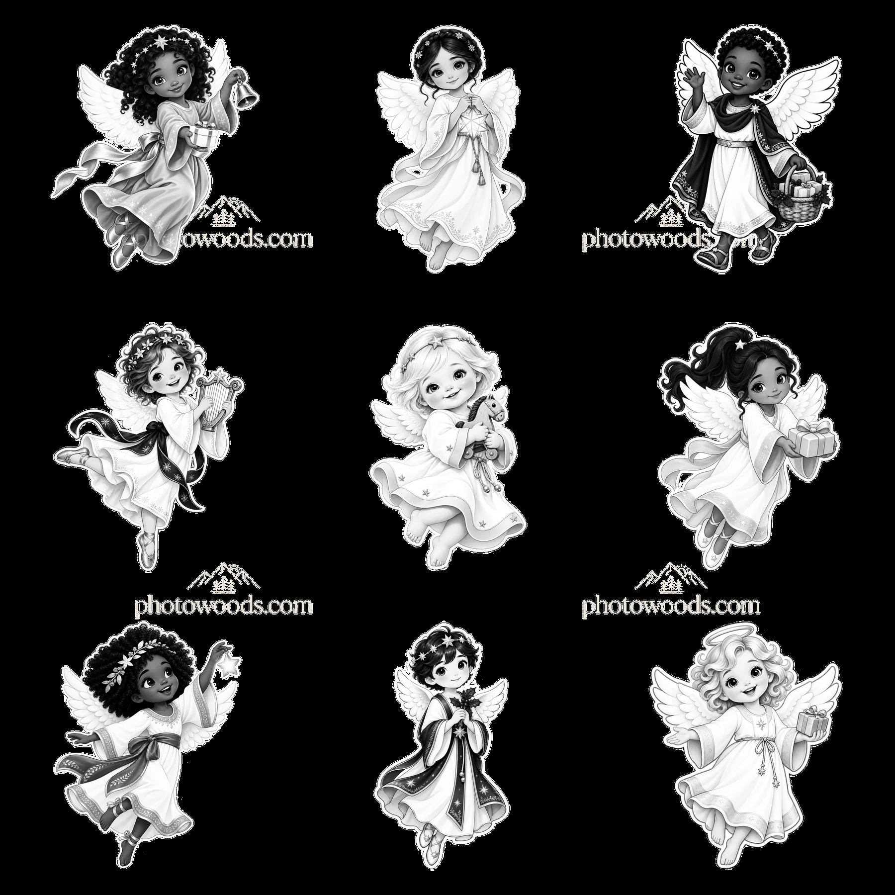 Christ Child figures with gifts and celebration in black and white - AI-generated stock image