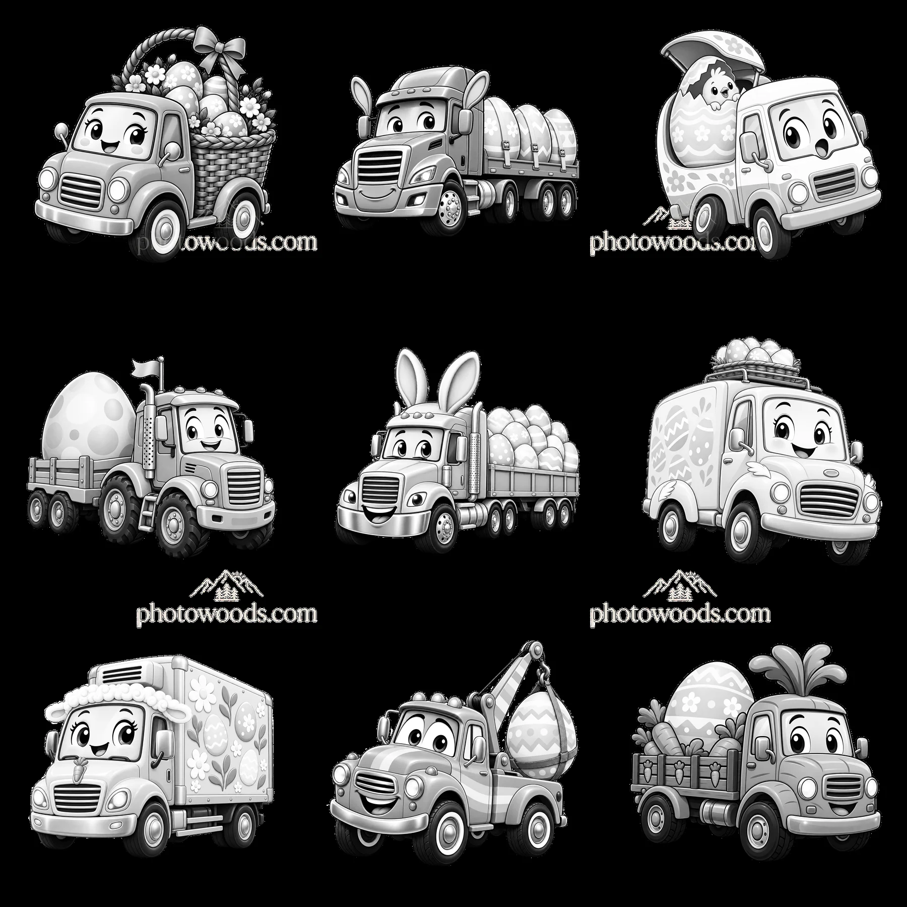Easter themed trucks transporting eggs and bunnies in black and white - AI-generated stock image