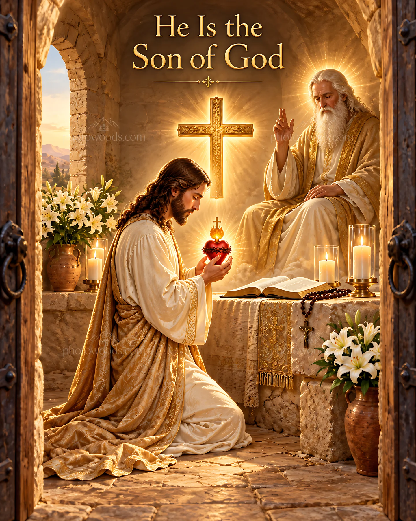 Mercy in the desert chapel with jesus and god - AI-generated stock image