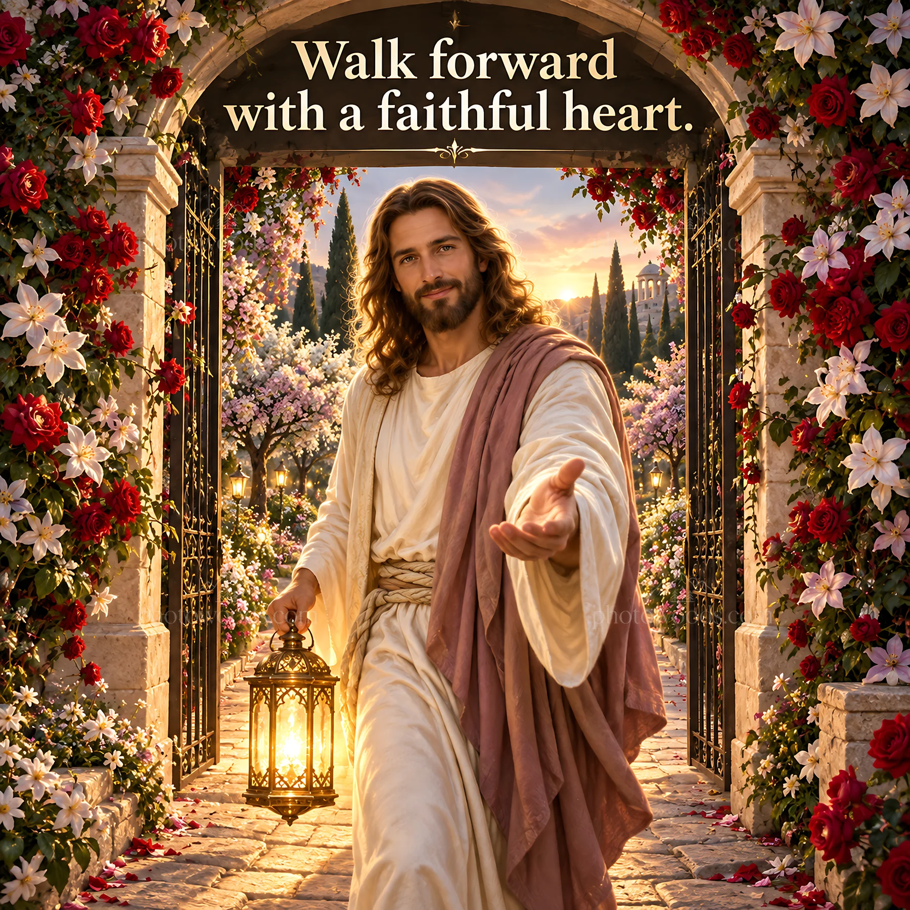 Jesus Christ welcoming with a lantern in a garden setting - AI-generated stock image