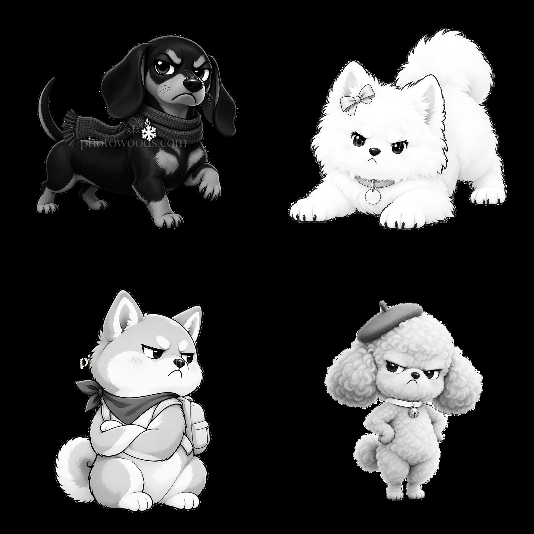 Kawaii grumpy dogs in a 2x2 grid with distinct expressions - AI-generated stock image