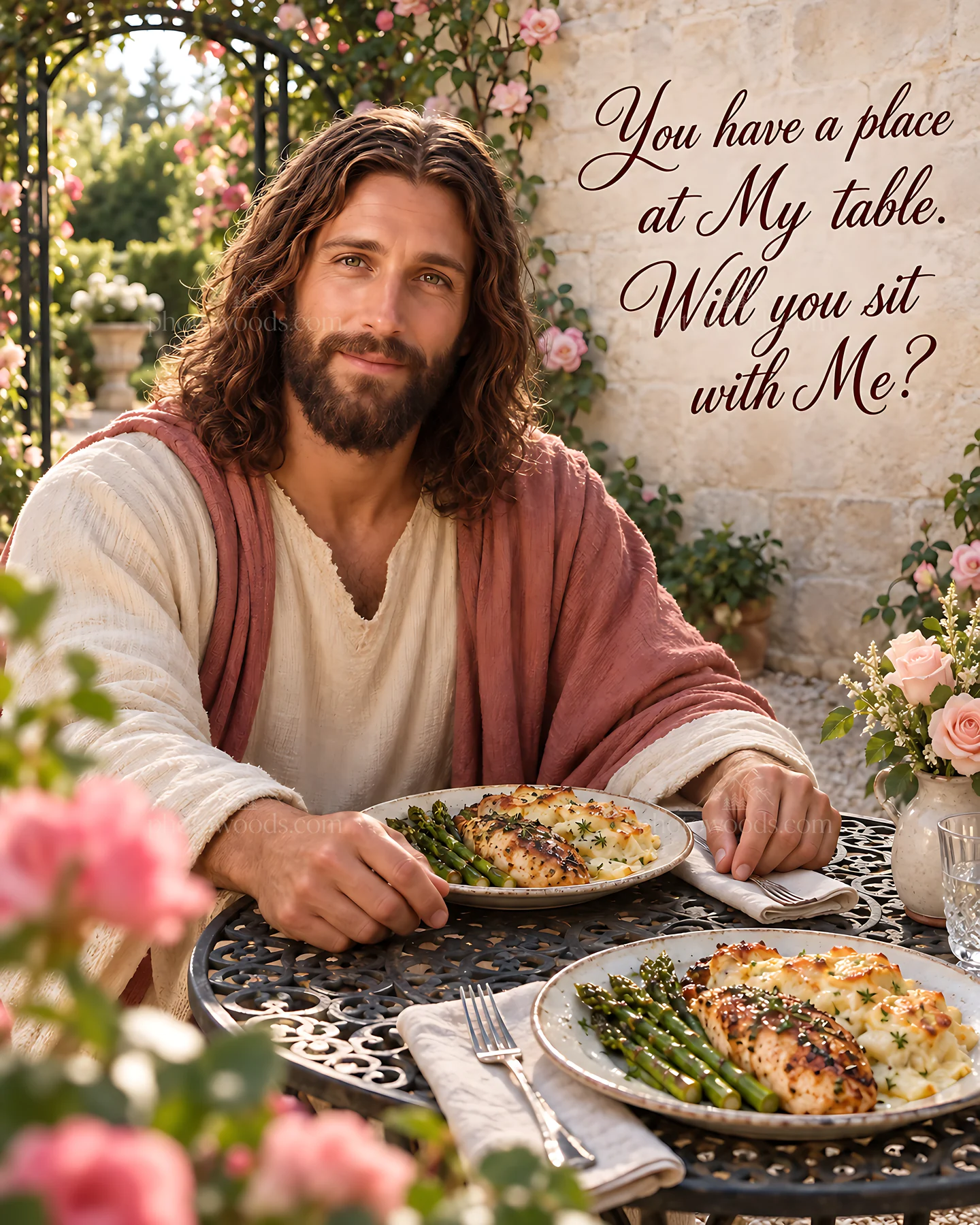 Welcome in the rose garden with a dinner invitation - AI-generated stock image