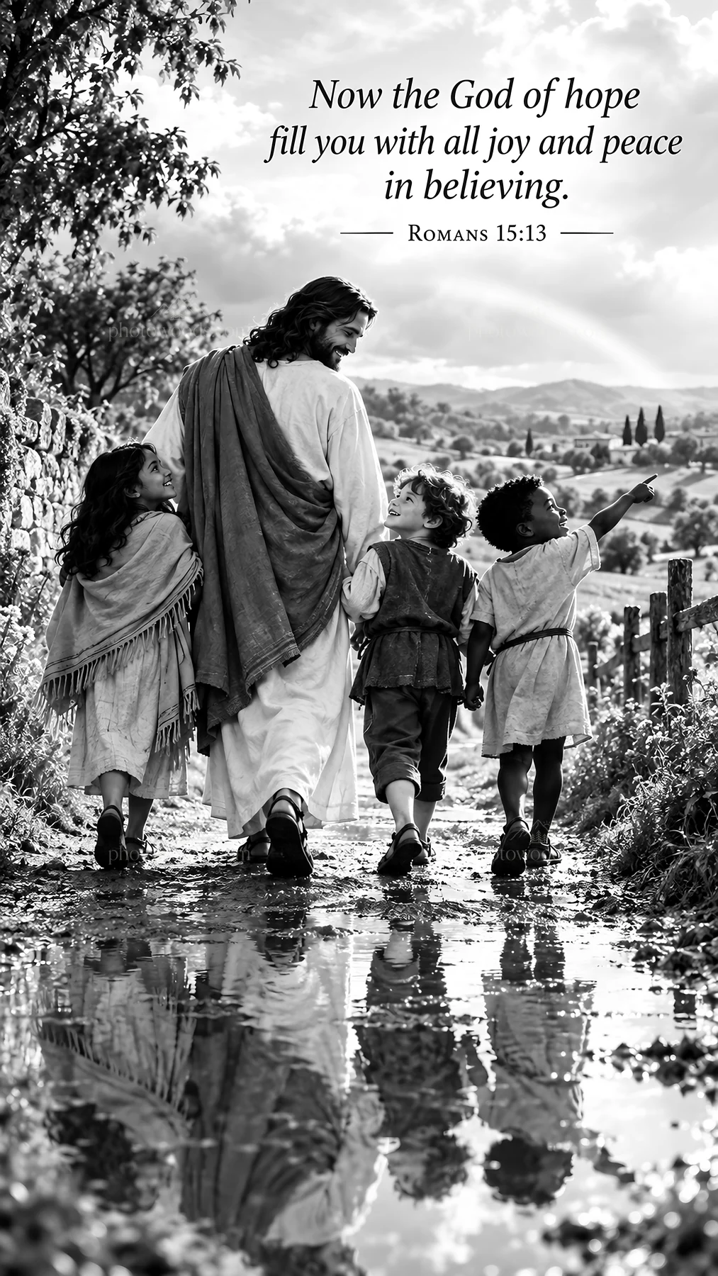 Jesus Christ walking with children in a scenic countryside - AI-generated stock image