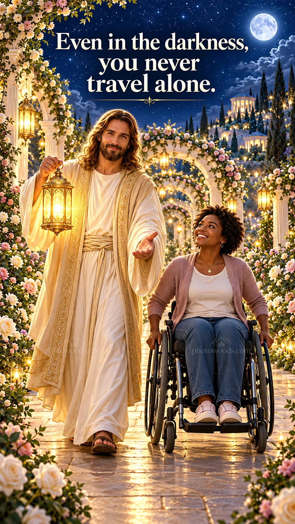 Jesus Christ walking with a woman in a wheelchair - AI-generated stock image