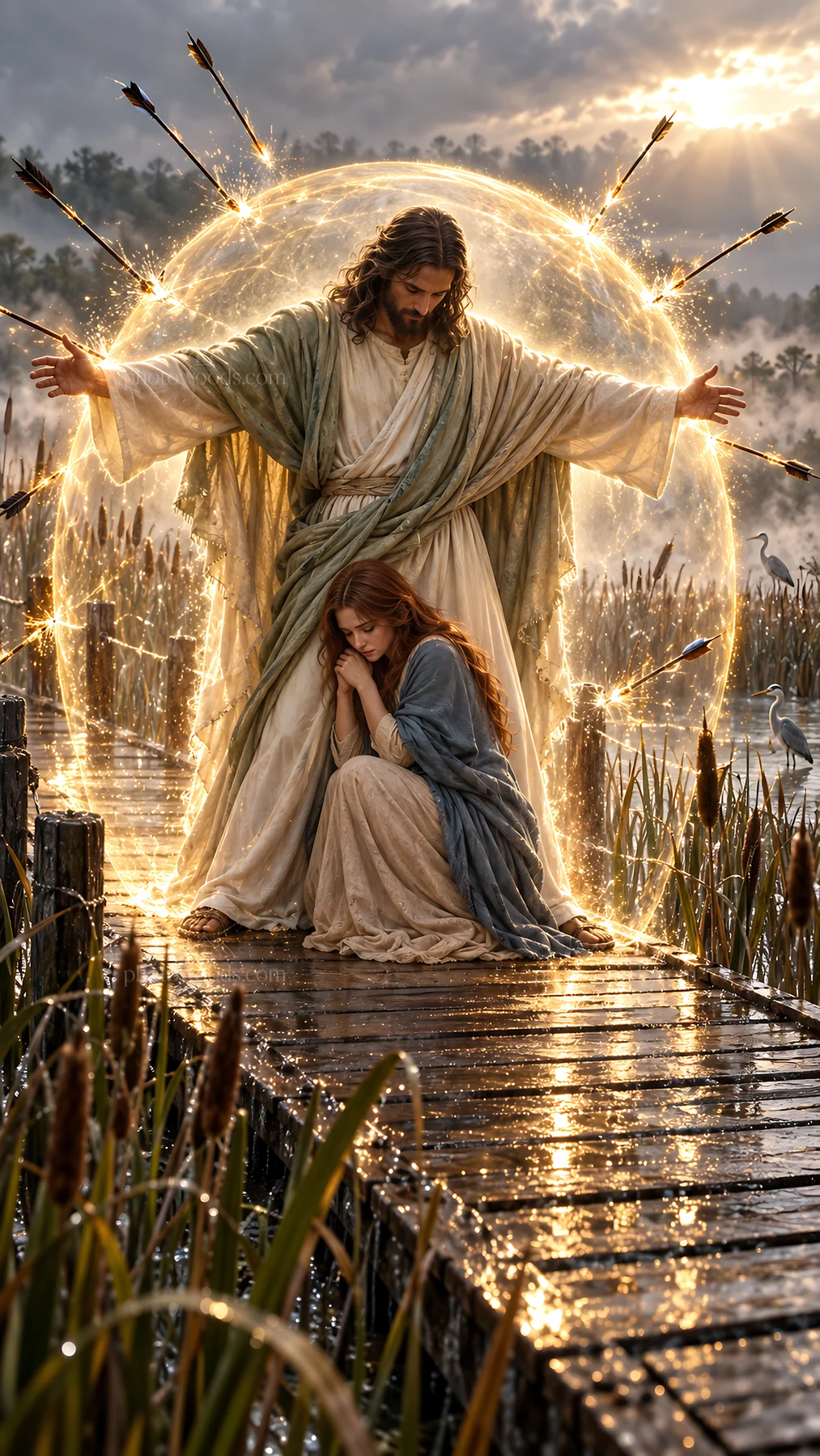 Jesus Christ comforting a woman by the water - AI-generated stock image
