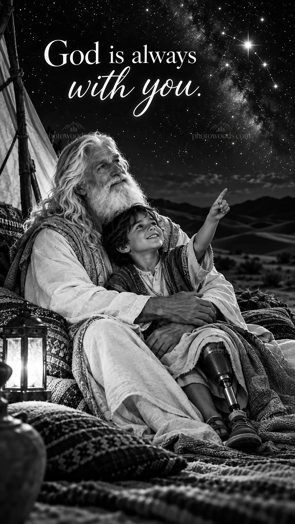 Jesus Christ shares wonder with a child under the night sky - AI-generated stock image