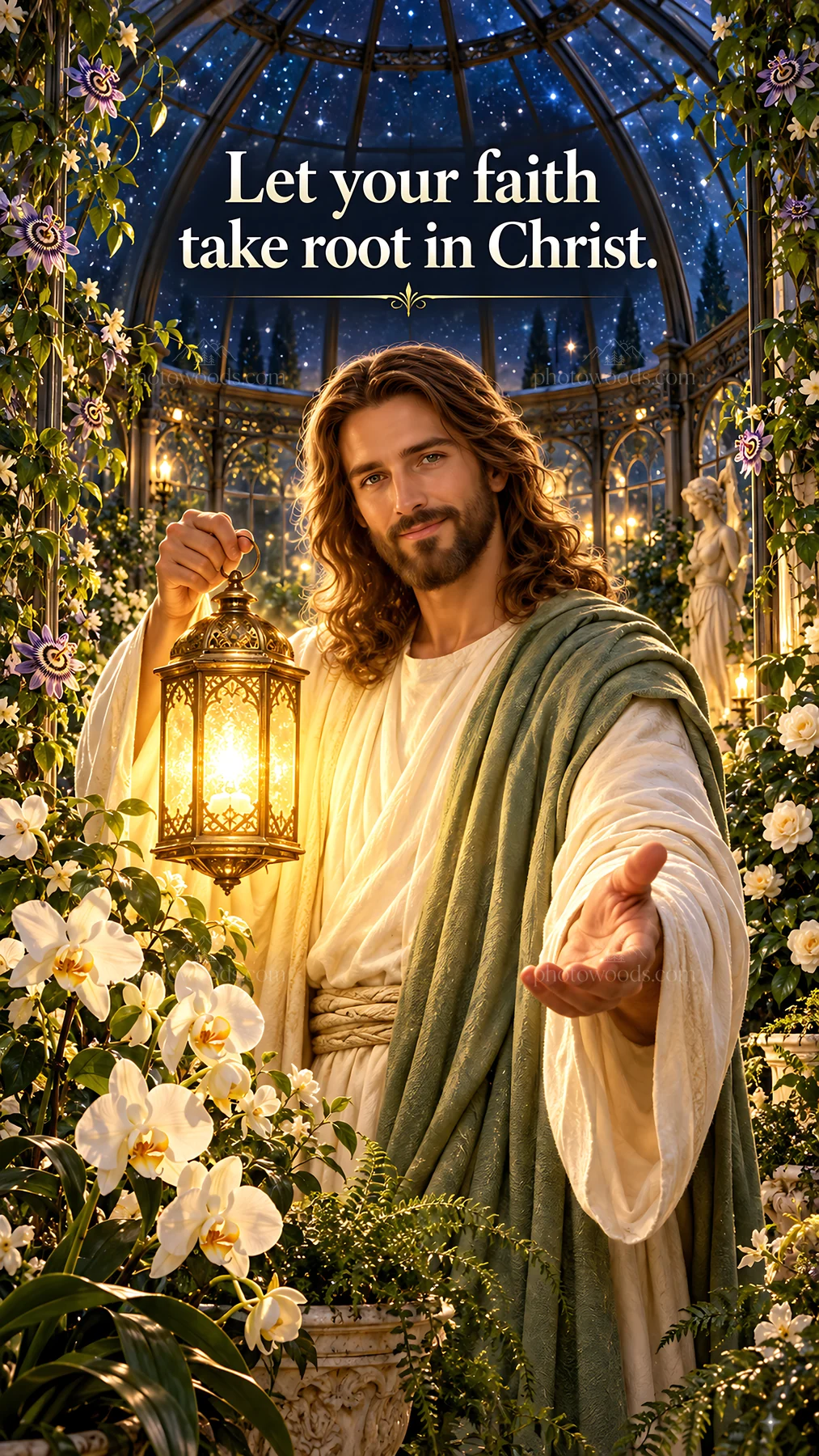 Jesus Christ welcoming with a lantern in a garden setting - AI-generated stock image