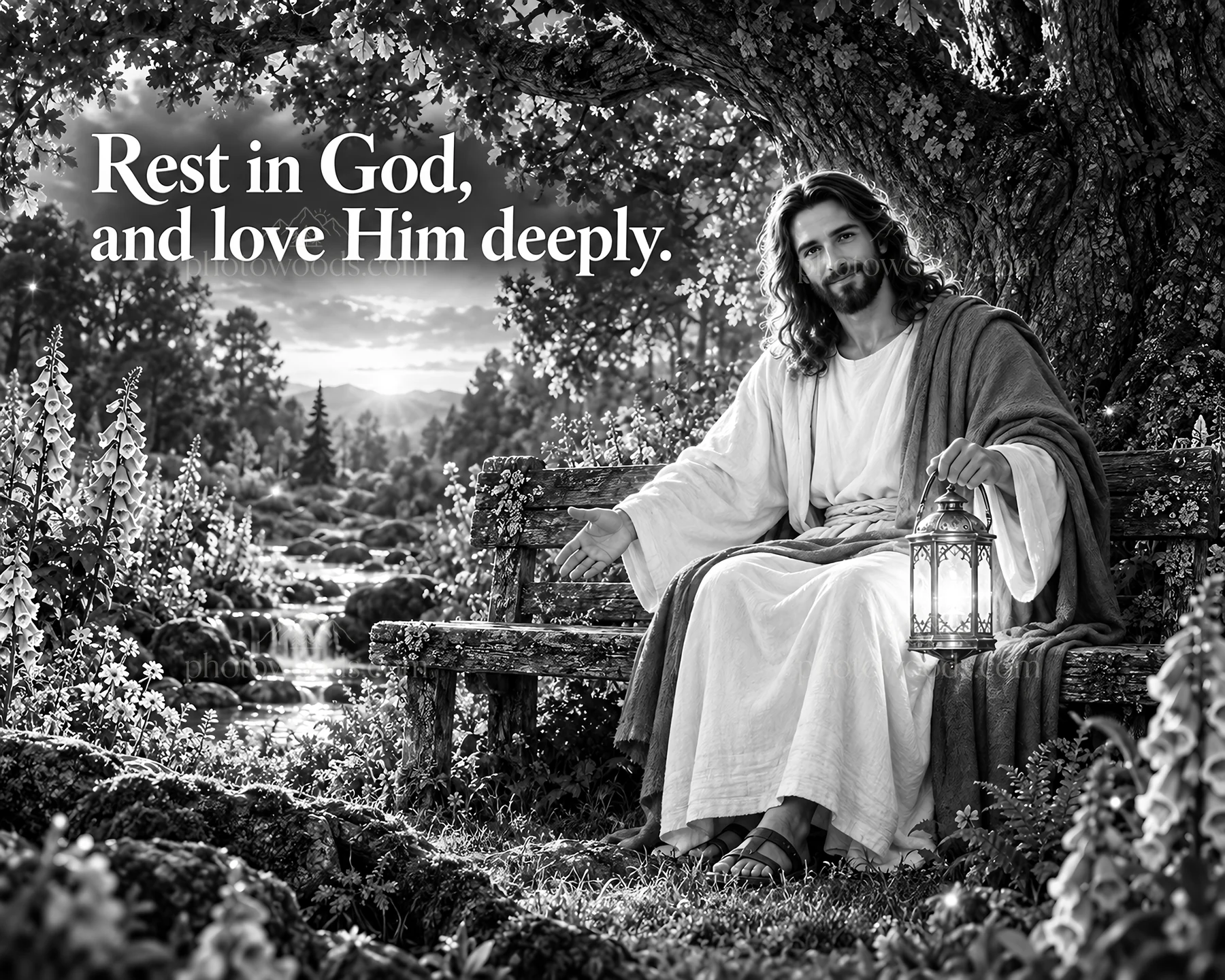 Jesus Christ welcoming viewers in a garden setting - AI-generated stock image