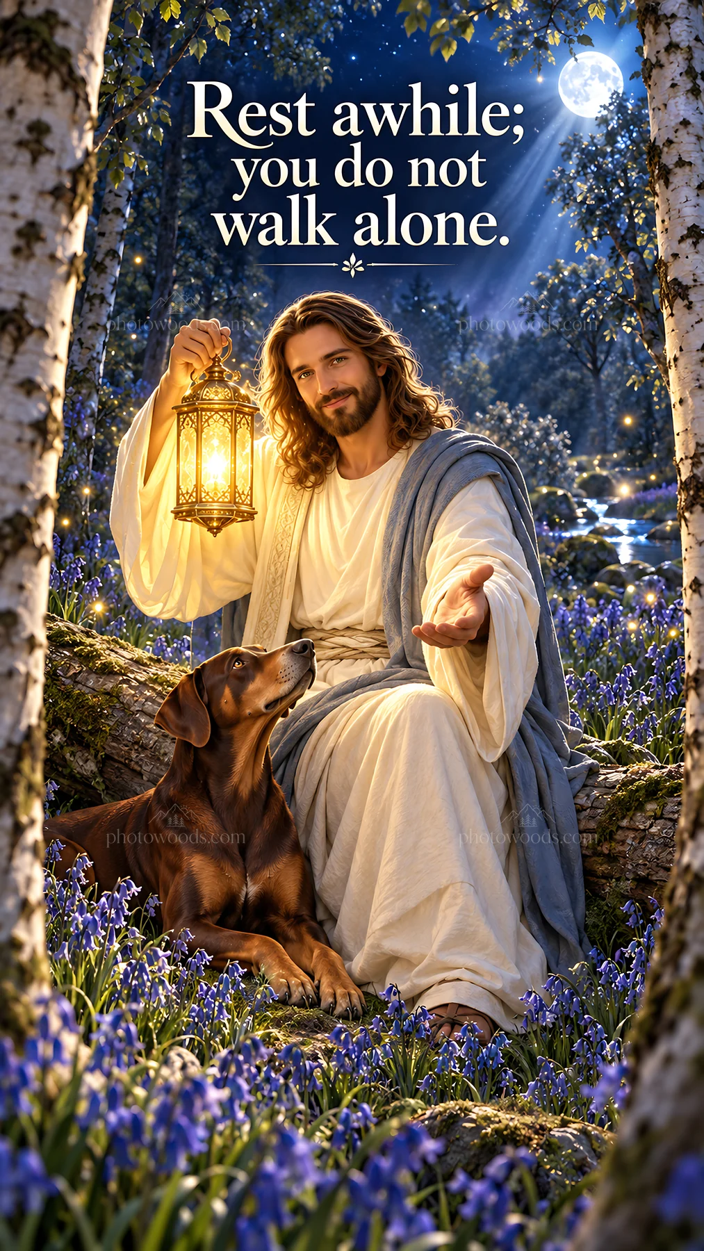Jesus Christ offering comfort with a lantern and a dog - AI-generated stock image