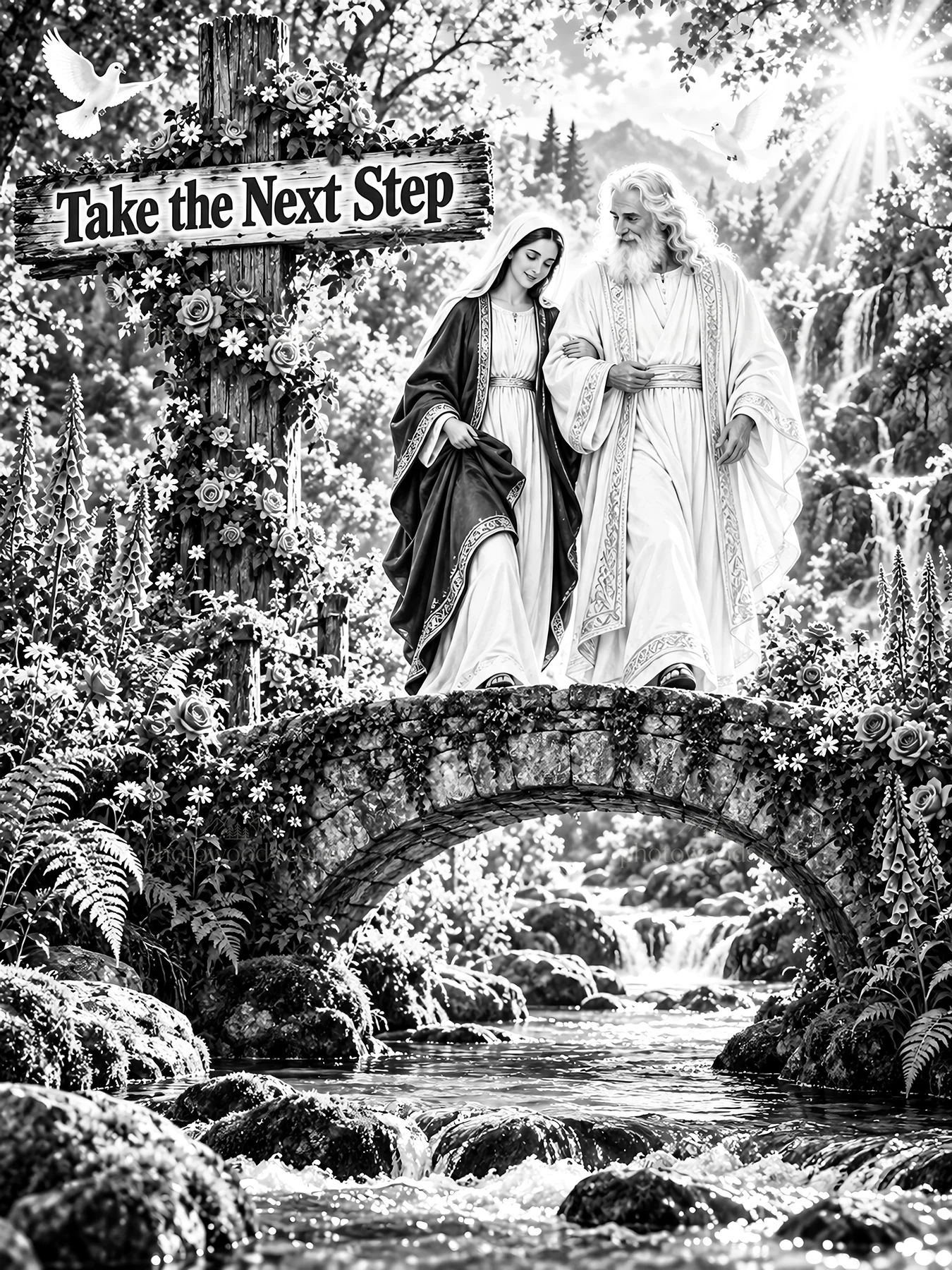 Jesus Christ walking with a woman over a stone bridge - AI-generated stock image