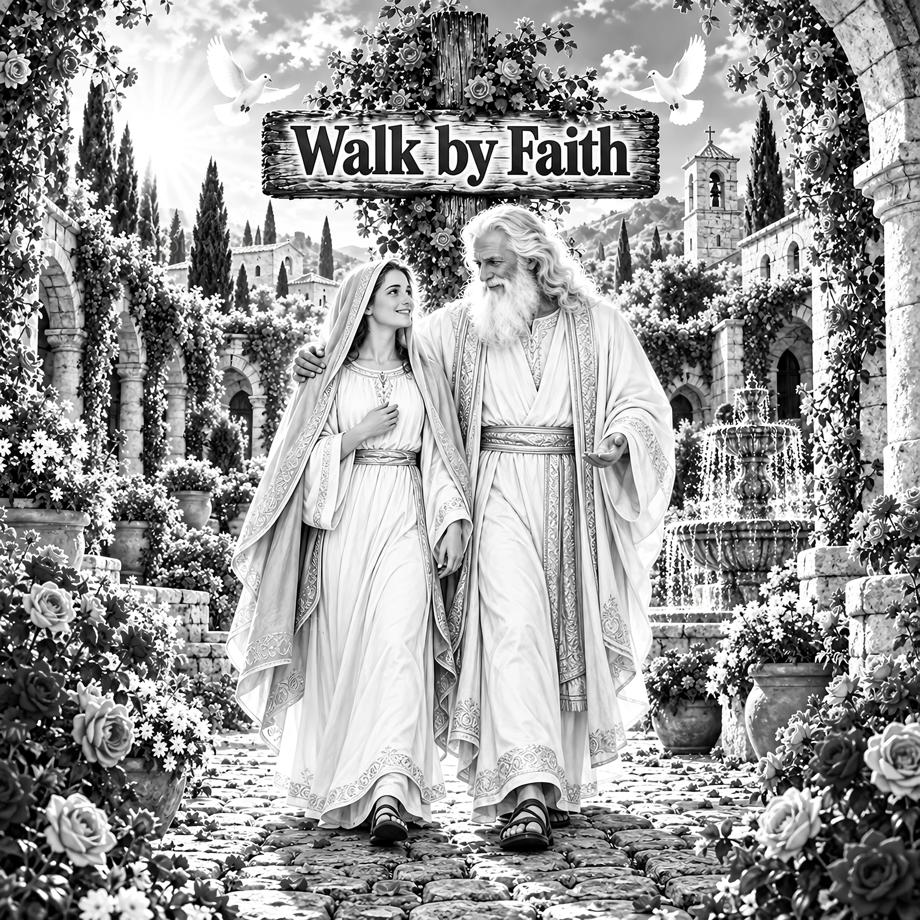 Jesus Christ walking with a woman in a garden setting - AI-generated stock image