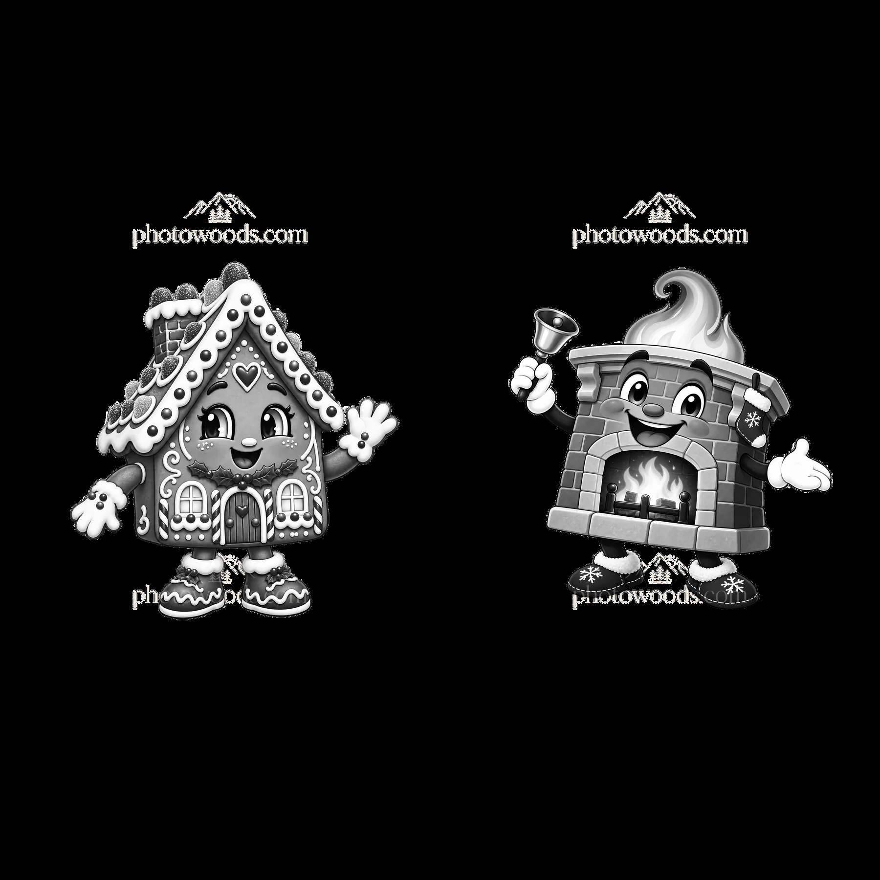 Cheerful cartoon house and fireplace characters for Christmas - AI-generated stock image