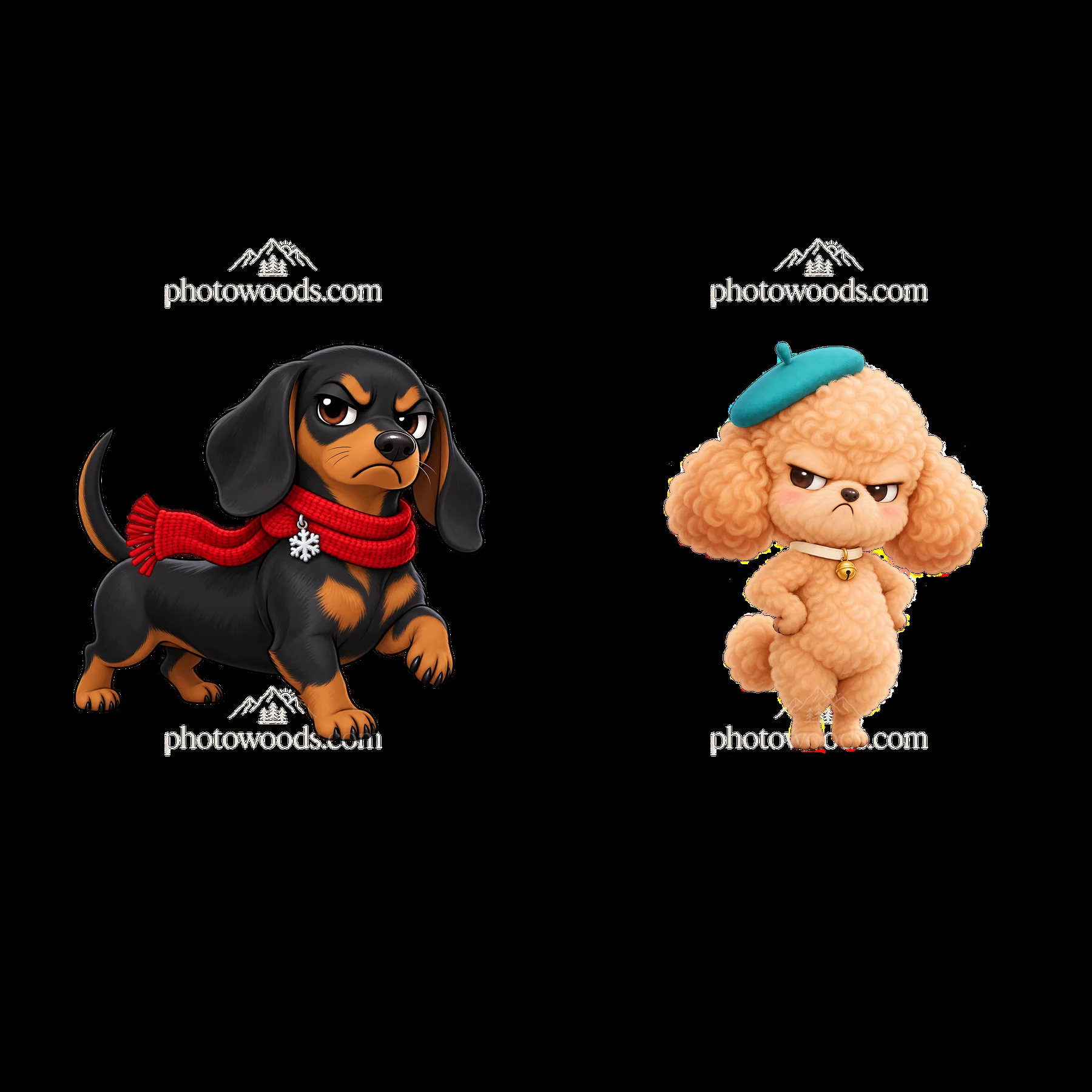 Kawaii grumpy dog duo with scarf and beret in cartoon style - AI-generated stock image