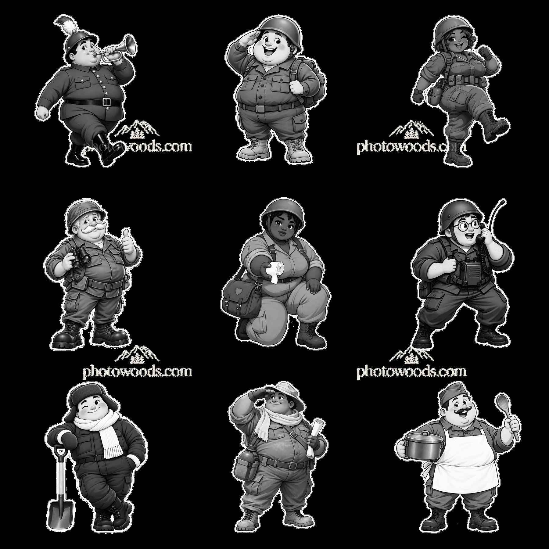 Cute chubby soldiers in various poses and activities - AI-generated stock image