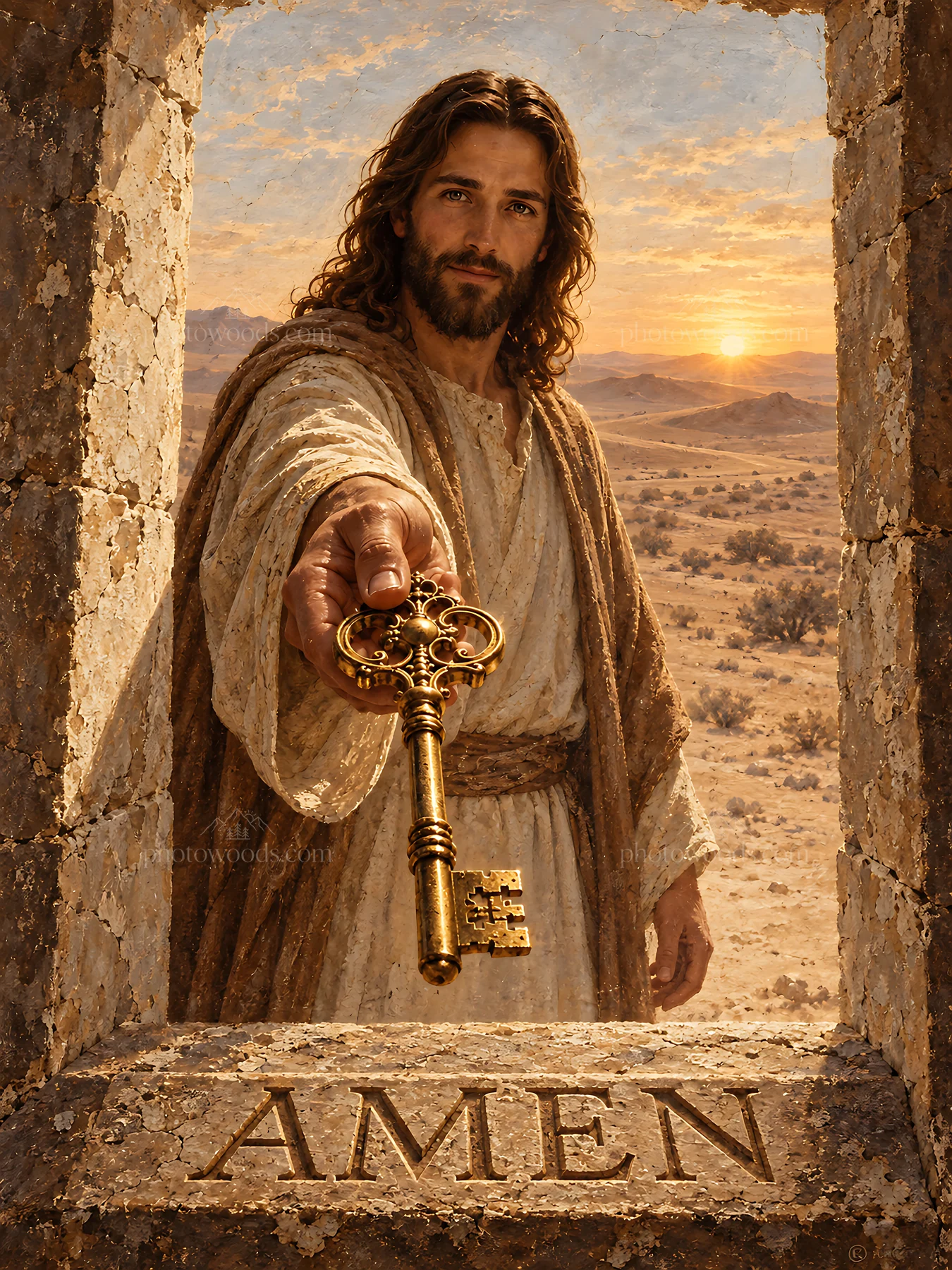 Doorway in the desert with figure holding a key - AI-generated stock image