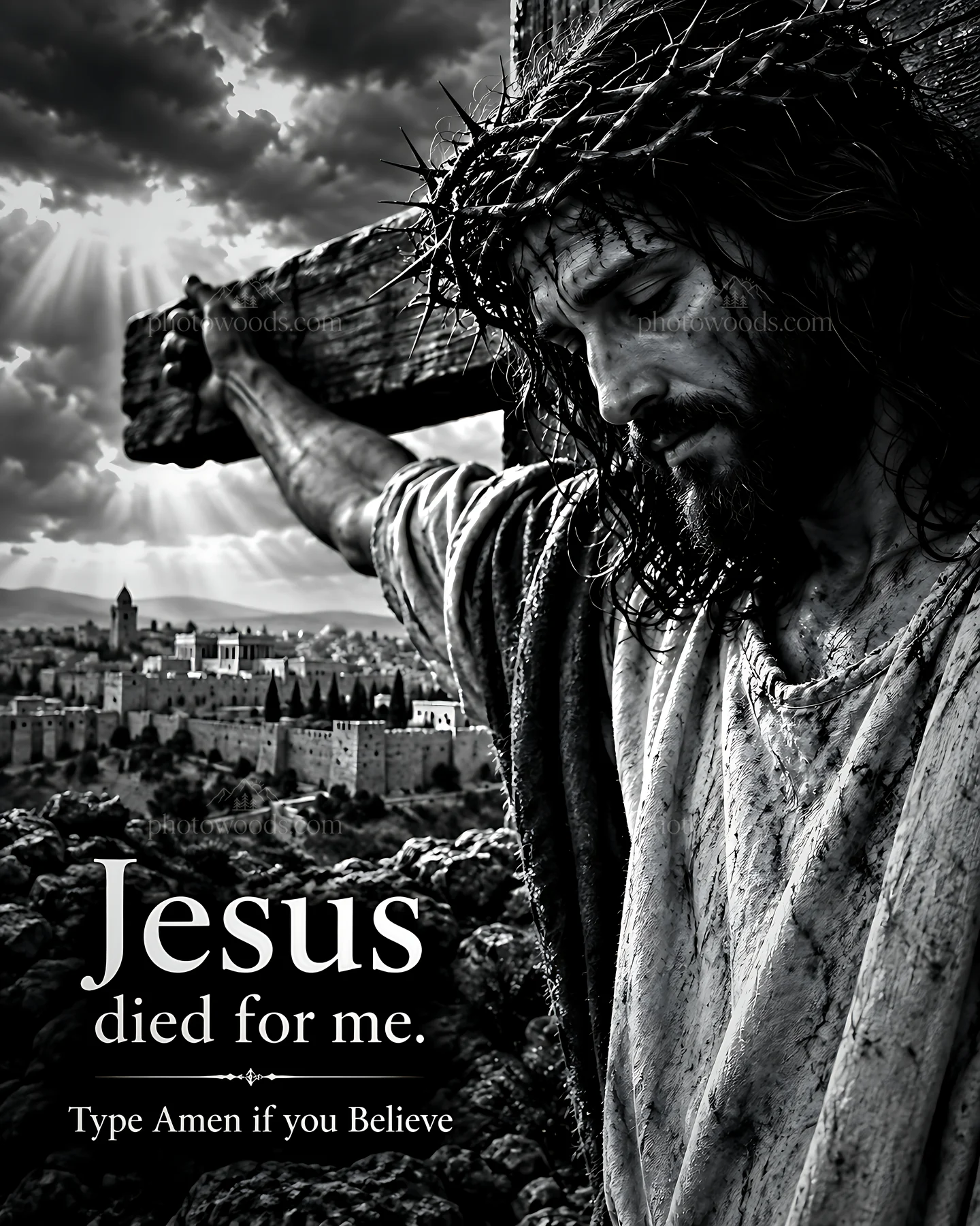 Jesus died for me on Calvary with city background - AI-generated stock image