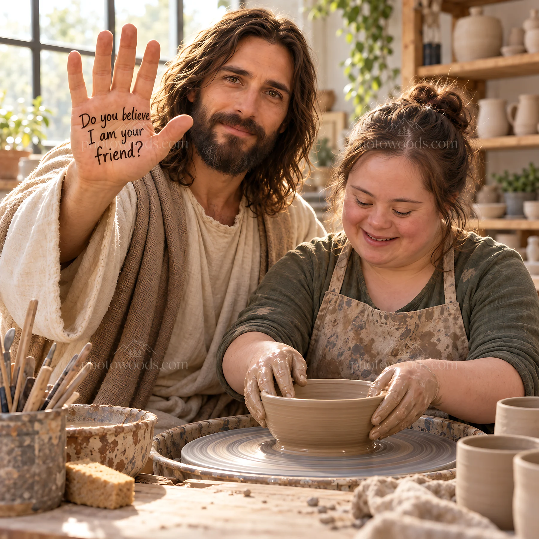 Jesus Christ teaching pottery and offering friendship - AI-generated stock image