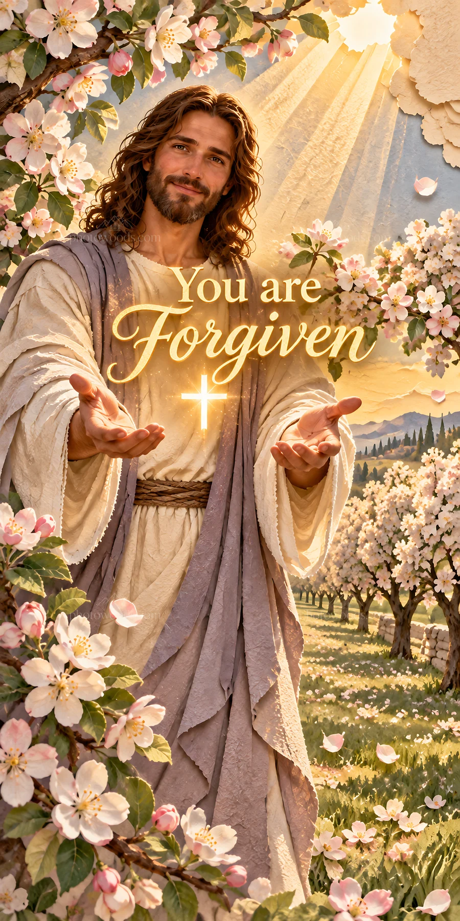 Jesus Christ welcoming viewers with open hands in a garden - AI-generated stock image