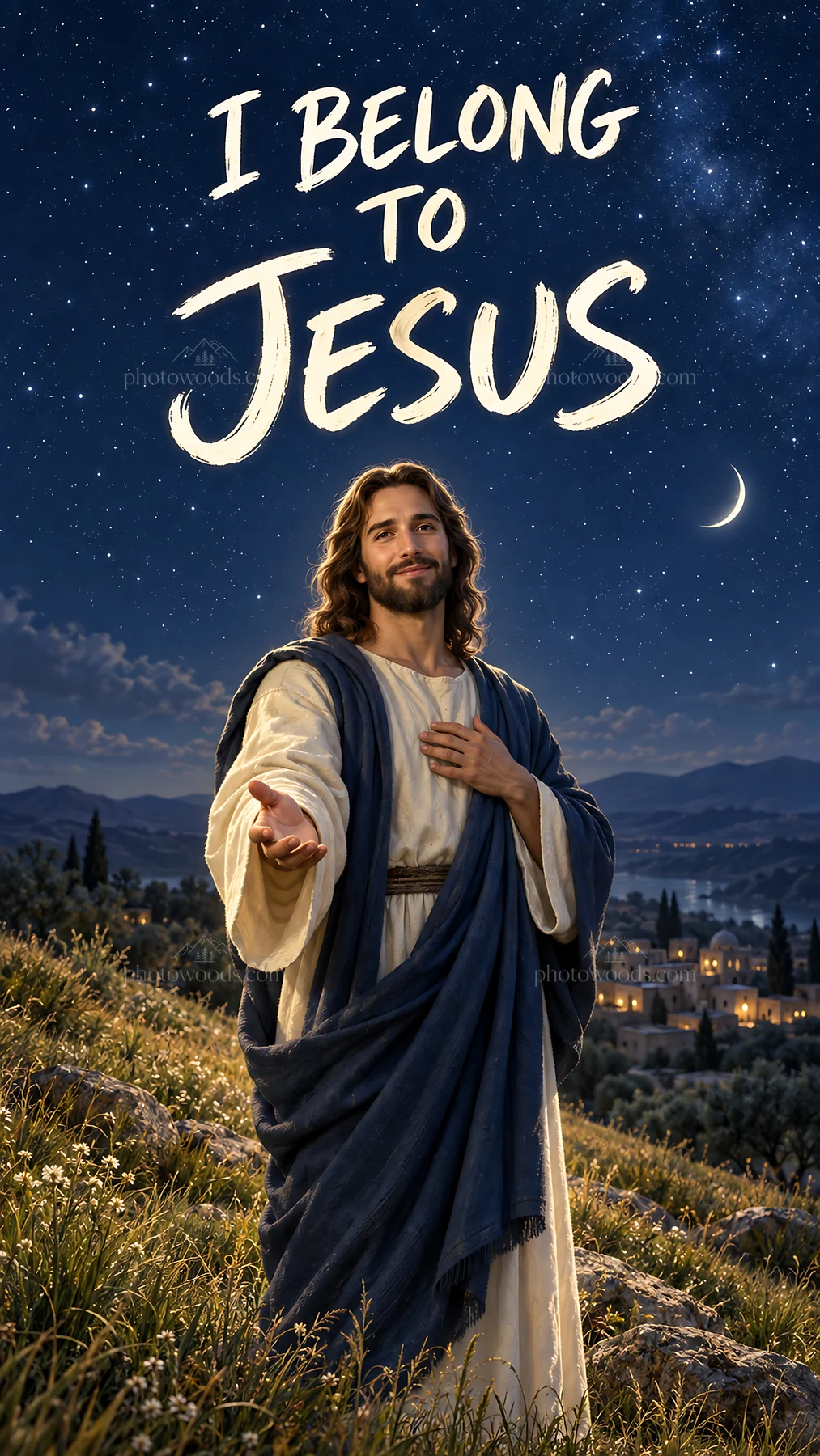 Jesus Christ welcoming followers against a night sky - AI-generated stock image