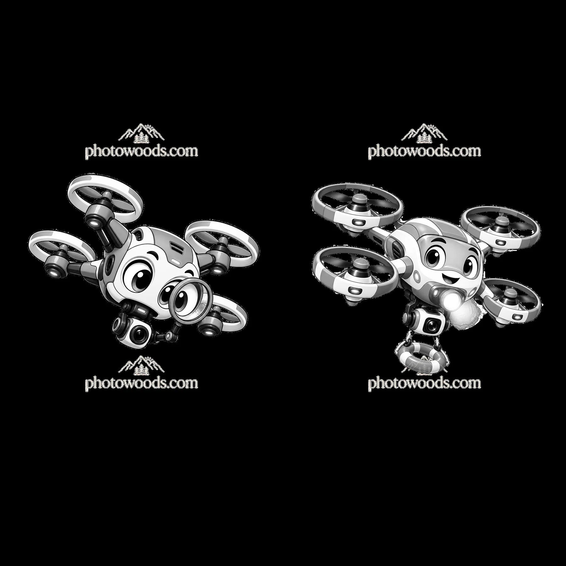Cartoon drone characters with facial expressions in flight - AI-generated stock image