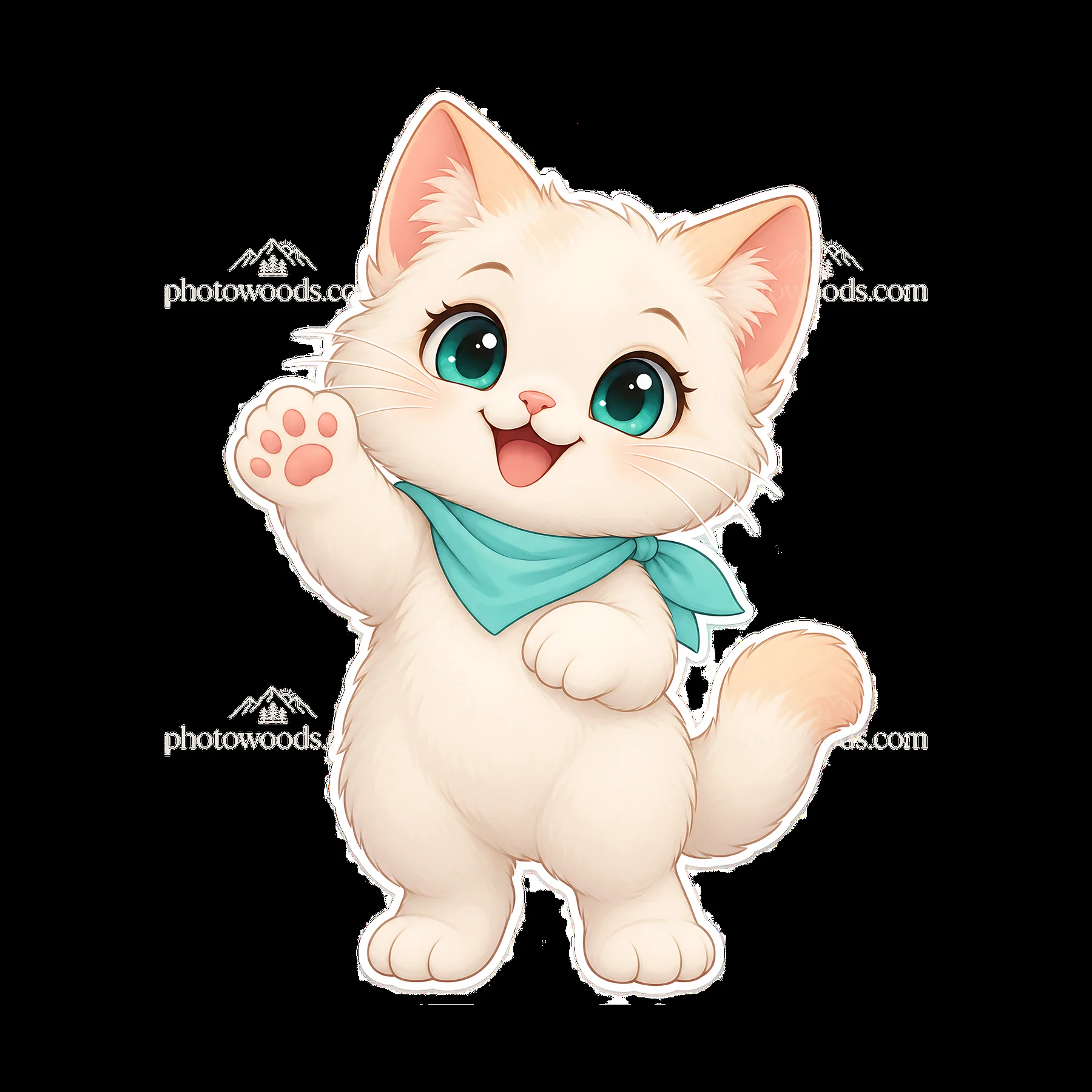 Kawaii white cat character with teal bandana waving cheerfully - AI-generated stock image