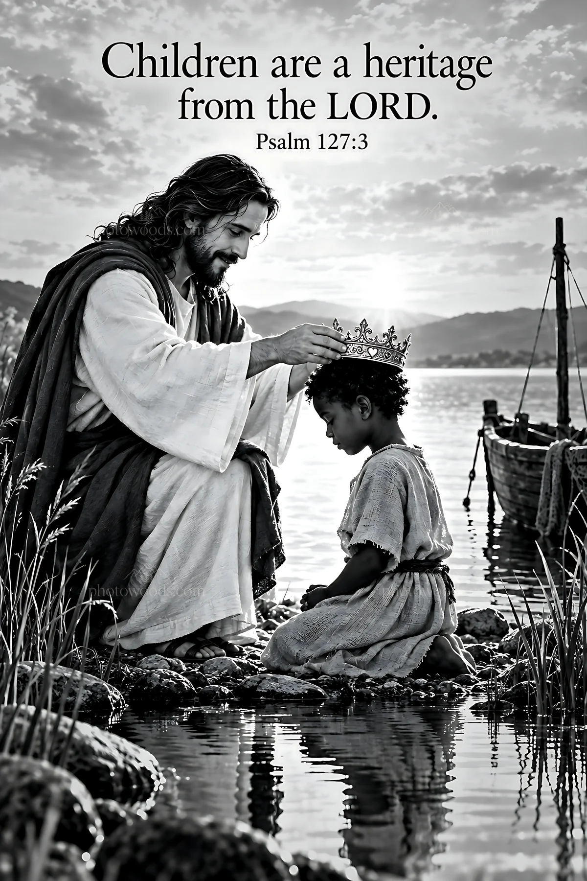 Crown placed on child by figure beside still waters - AI-generated stock image