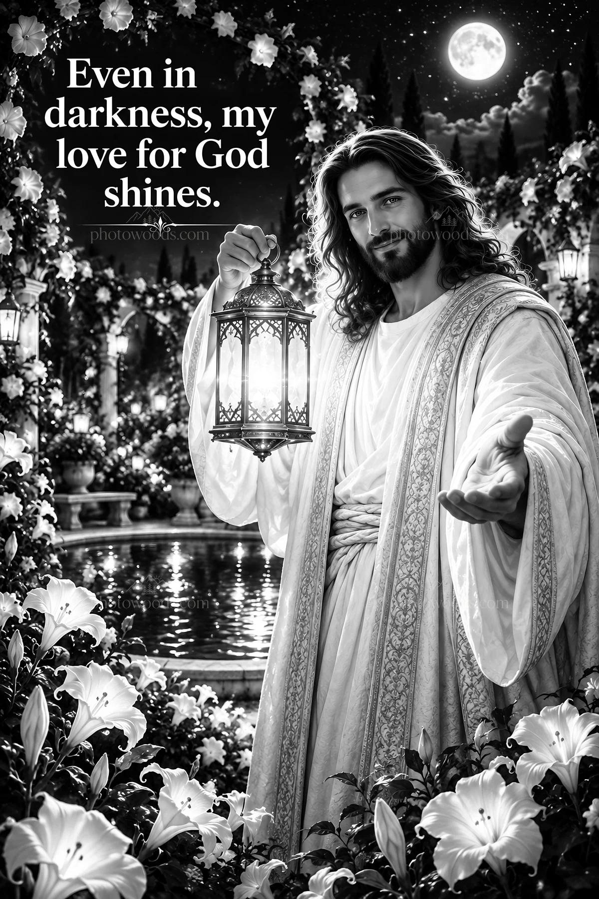 Jesus Christ holding a lantern in a garden scene - AI-generated stock image