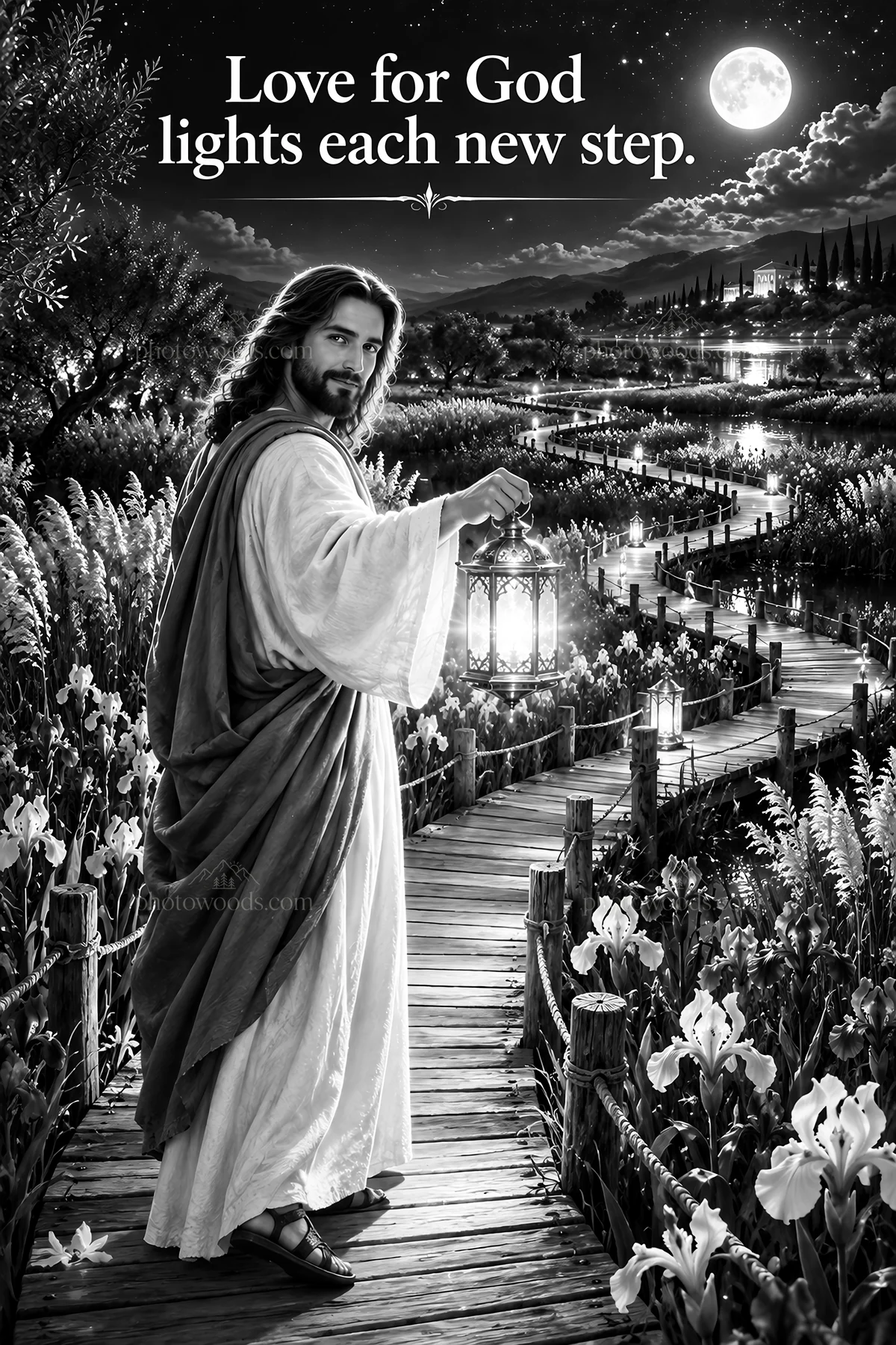 Jesus Christ guiding with a lantern along a garden path - AI-generated stock image