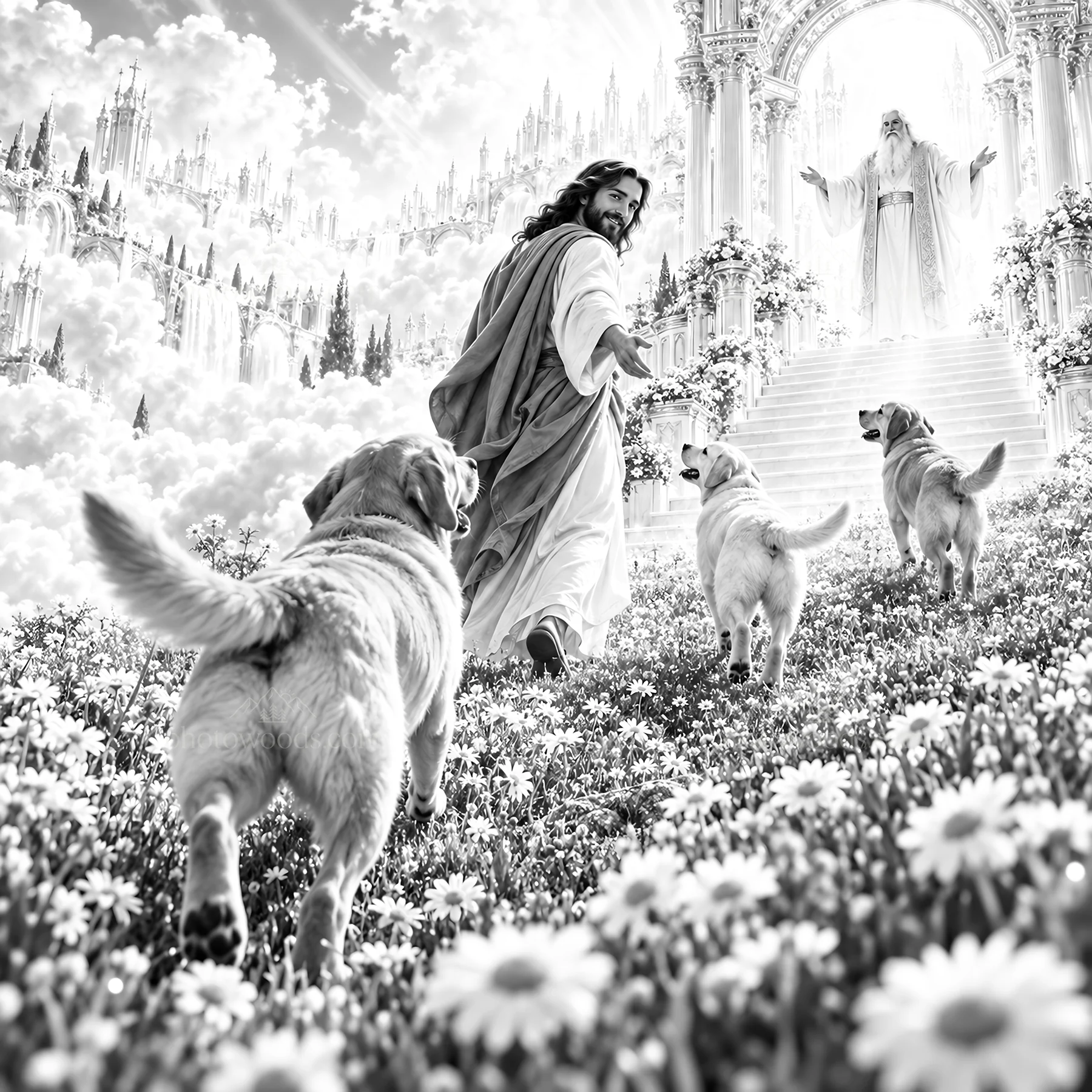 Jesus Christ walking with dogs in a heavenly garden - AI-generated stock image