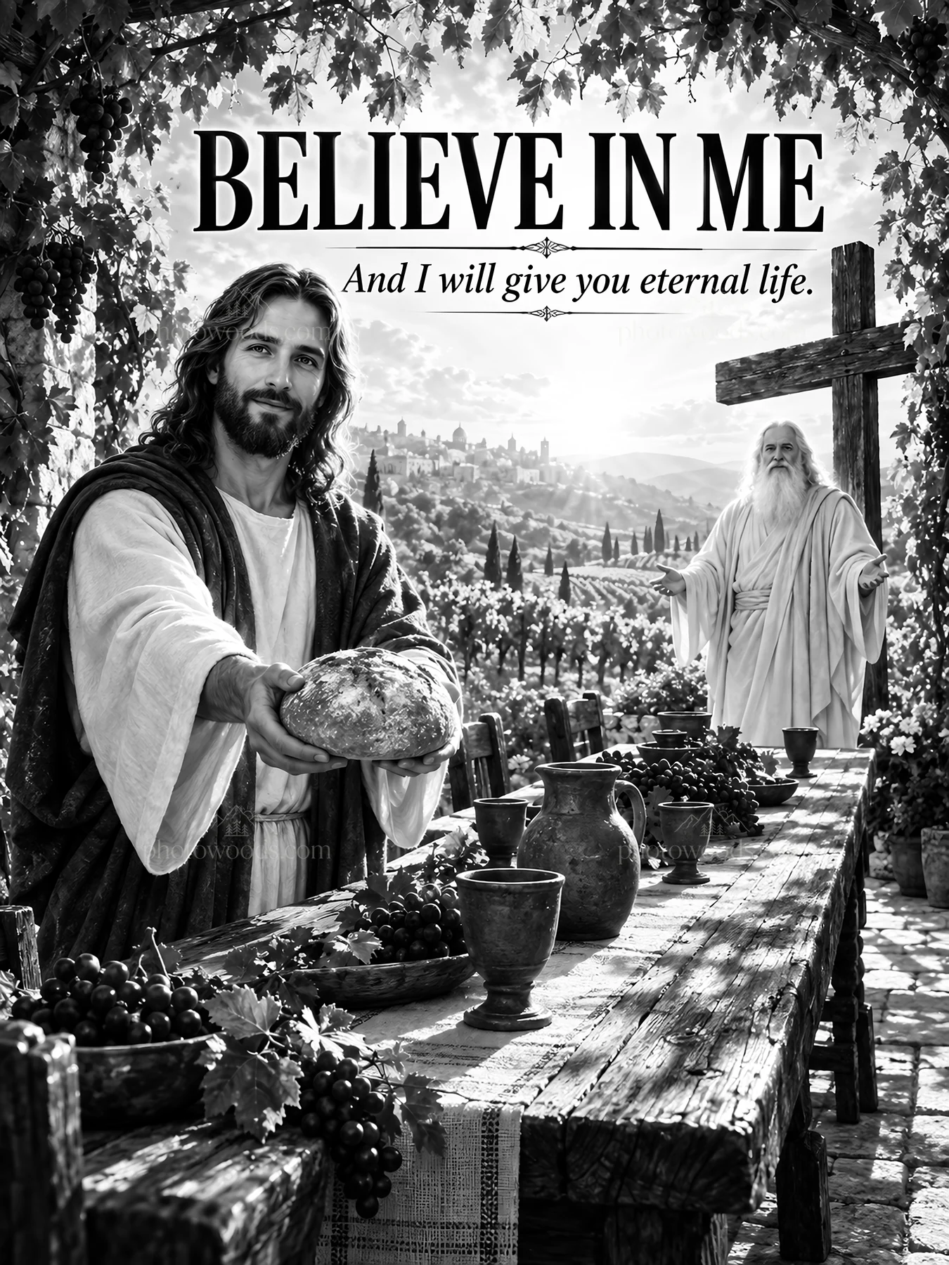 Jesus Christ offering bread at a communal table - AI-generated stock image