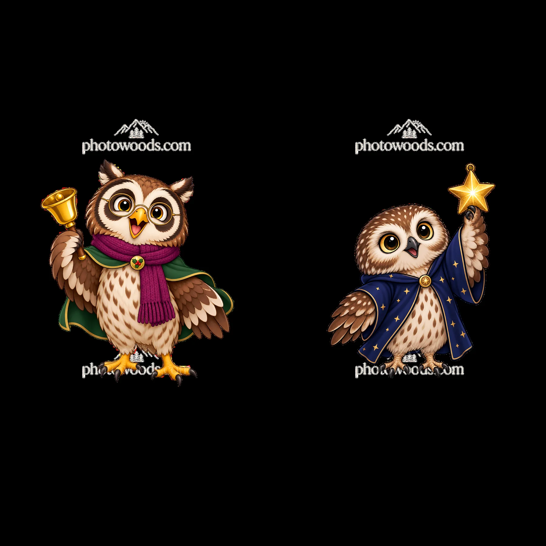 Christmas owls with bell and star stickers in festive attire - AI-generated stock image