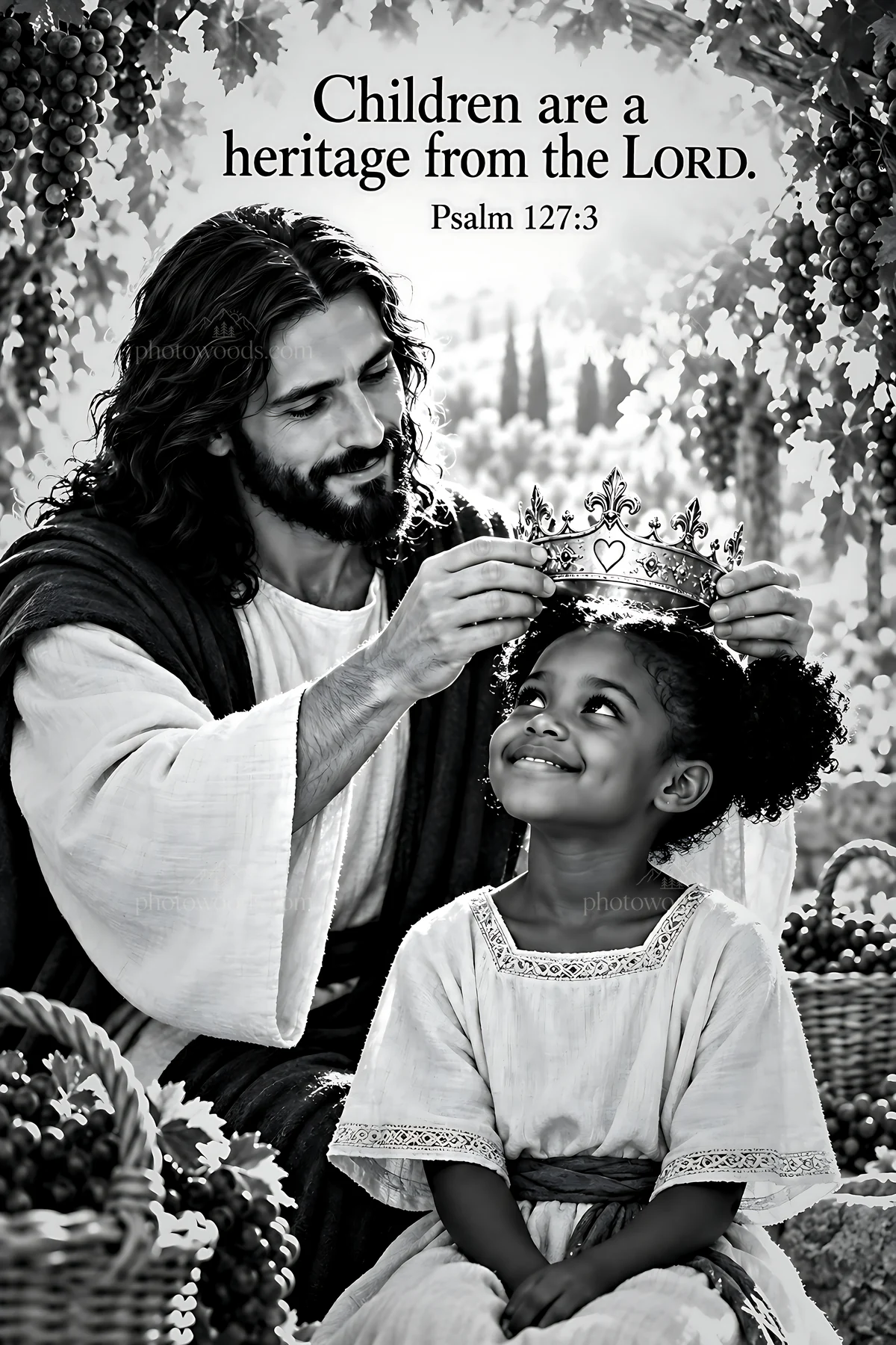Children under the vineyard arbor receive blessings and joy - AI-generated stock image