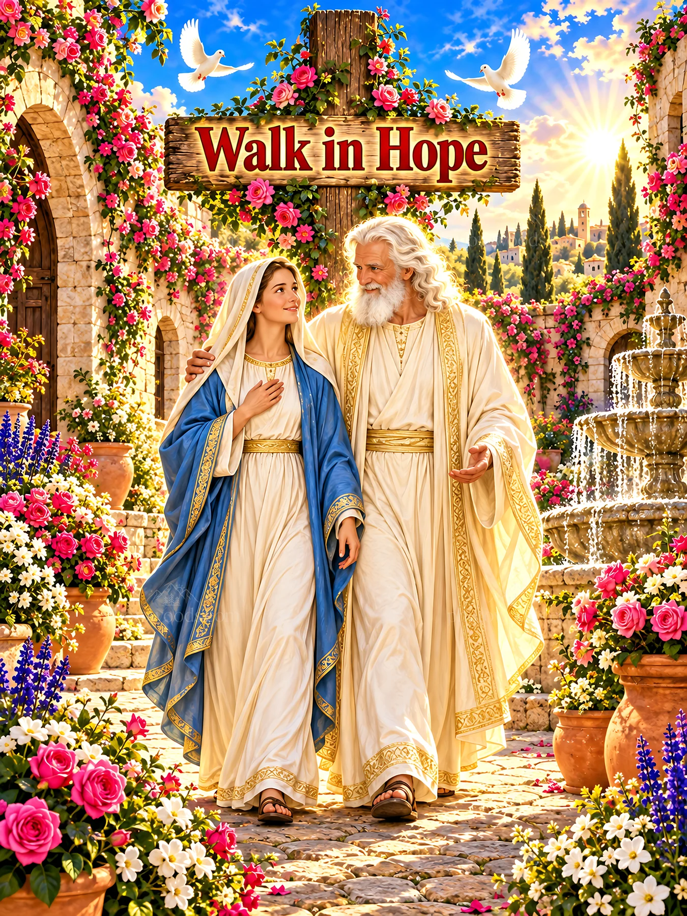 Jesus Christ walks with a woman in a garden setting - AI-generated stock image